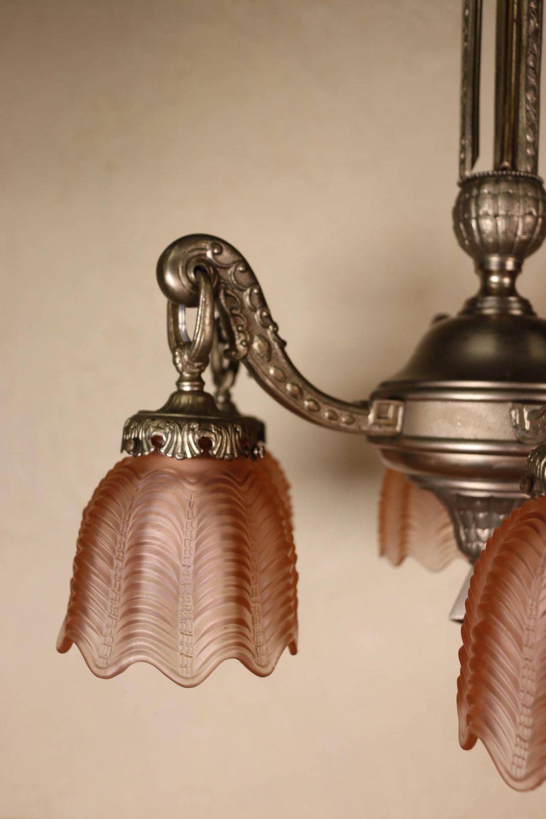 photo furniture Art Deco Bronze Nickel Plated Iridescent Pink Glass Chandelier 1930's 1940's (St.141)
