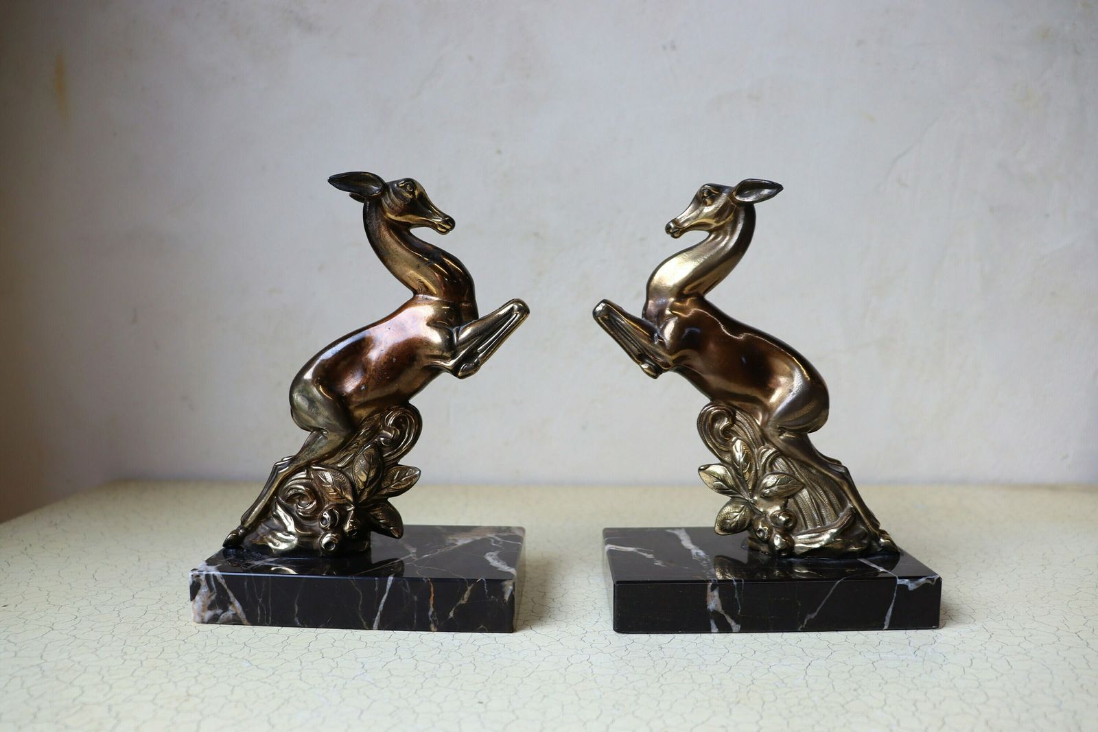 A Set Of French Art Deco Bookends, Deers On A Marble Base (St.94)