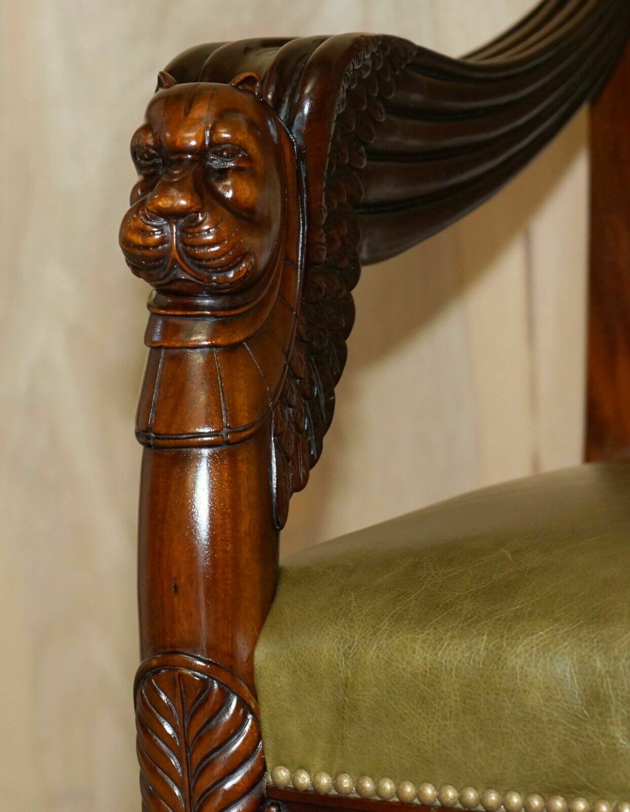 Furniture Exquisite Pair Of Hand Carved Mahogany Library Armchairs Lion Griffon Wing Arms photo