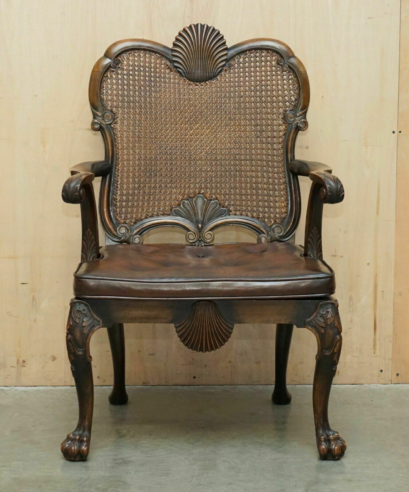 Victorian Thomas Chippendale Lion's Hairy Paw Bergere Brown Leather Armchair photo furniture