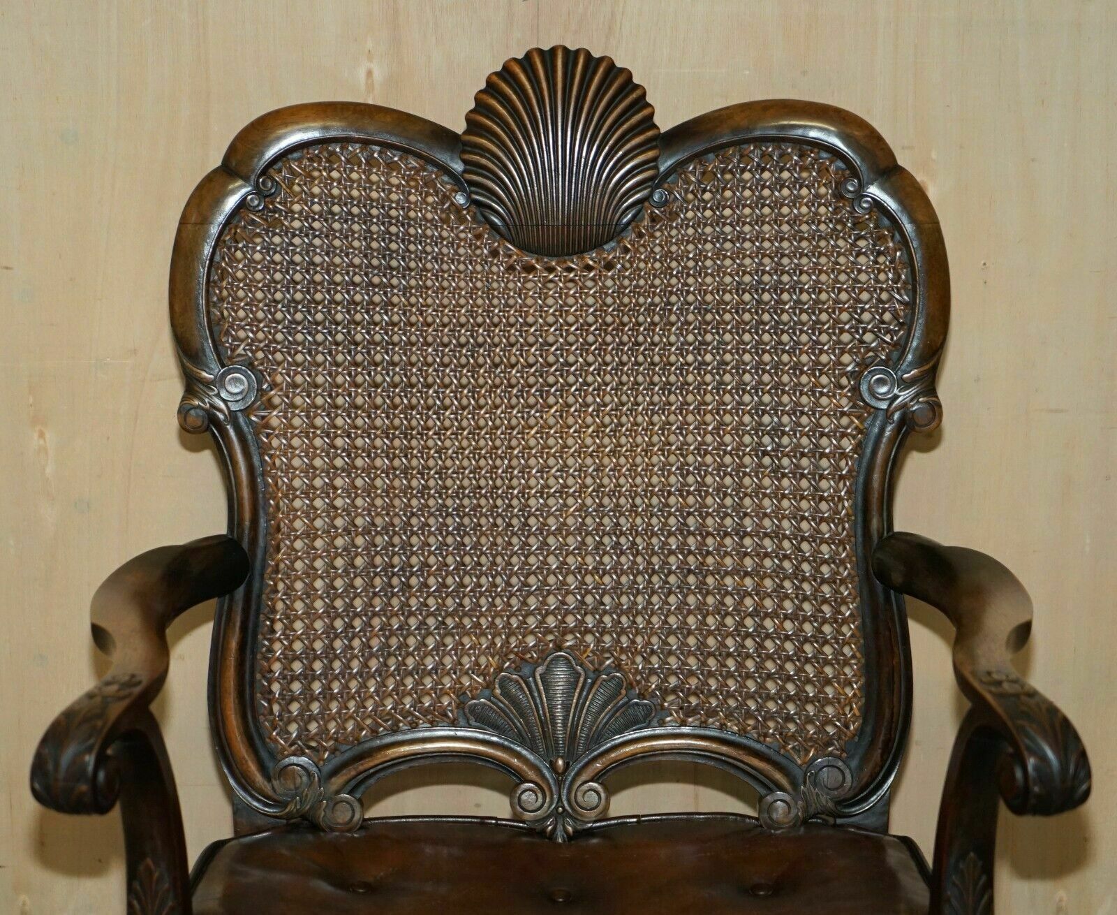 Victorian Thomas Chippendale Lion's Hairy Paw Bergere Brown Leather Armchair photo for sale