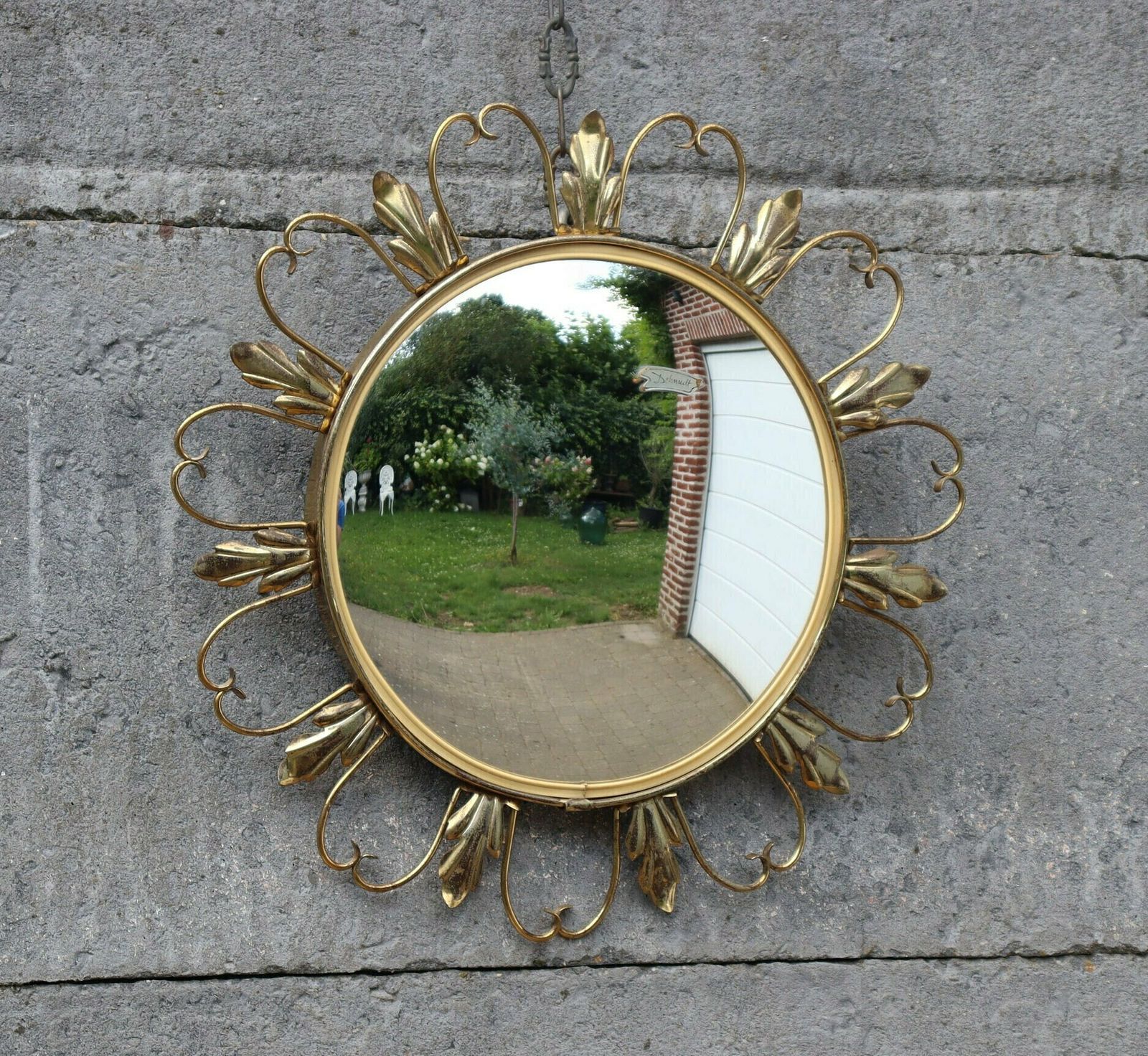 Hollywood Regency Convex Brass Butler Or Witch Eye Mirror 1970's By Deknudt (St.105) photo furniture