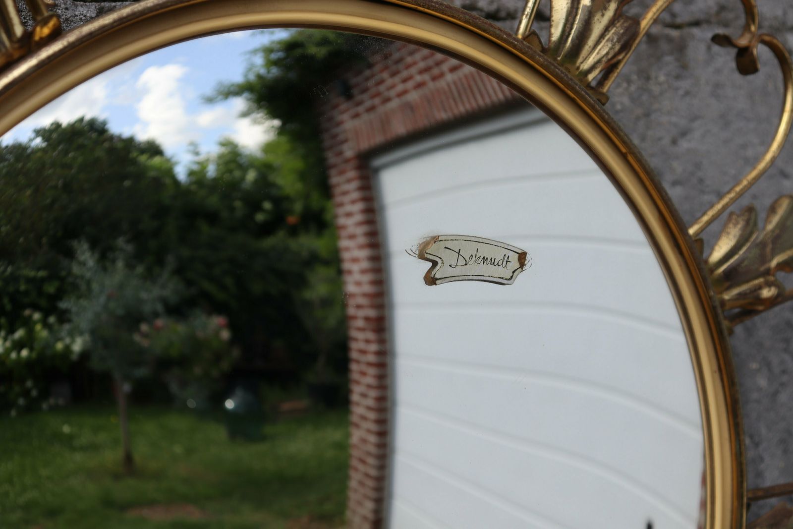 Hollywood Regency Convex Brass Butler Or Witch Eye Mirror 1970's By Deknudt (St.105) photo for sale