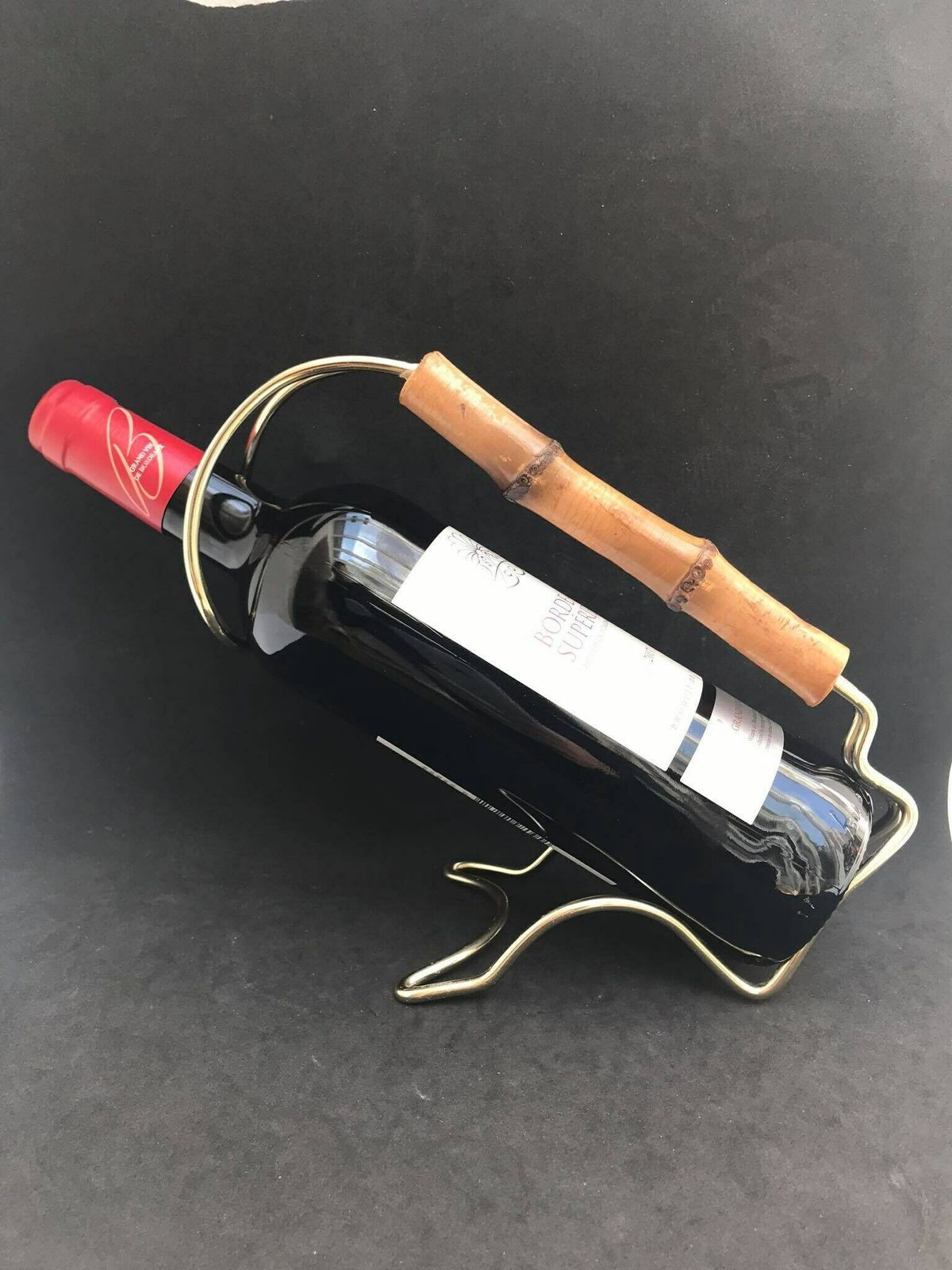 Wine Stand Bottle Holder Wine Pourer Stand Caddy Gold Light Wire And Bamboo On The Handle, 70s Bar Cart Hollywood Regency Gift For Him photo vintage