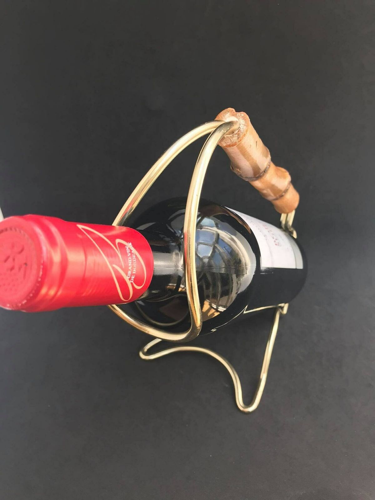 photo furniture Wine Stand Bottle Holder Wine Pourer Stand Caddy Gold Light Wire And Bamboo On The Handle, 70s Bar Cart Hollywood Regency Gift For Him