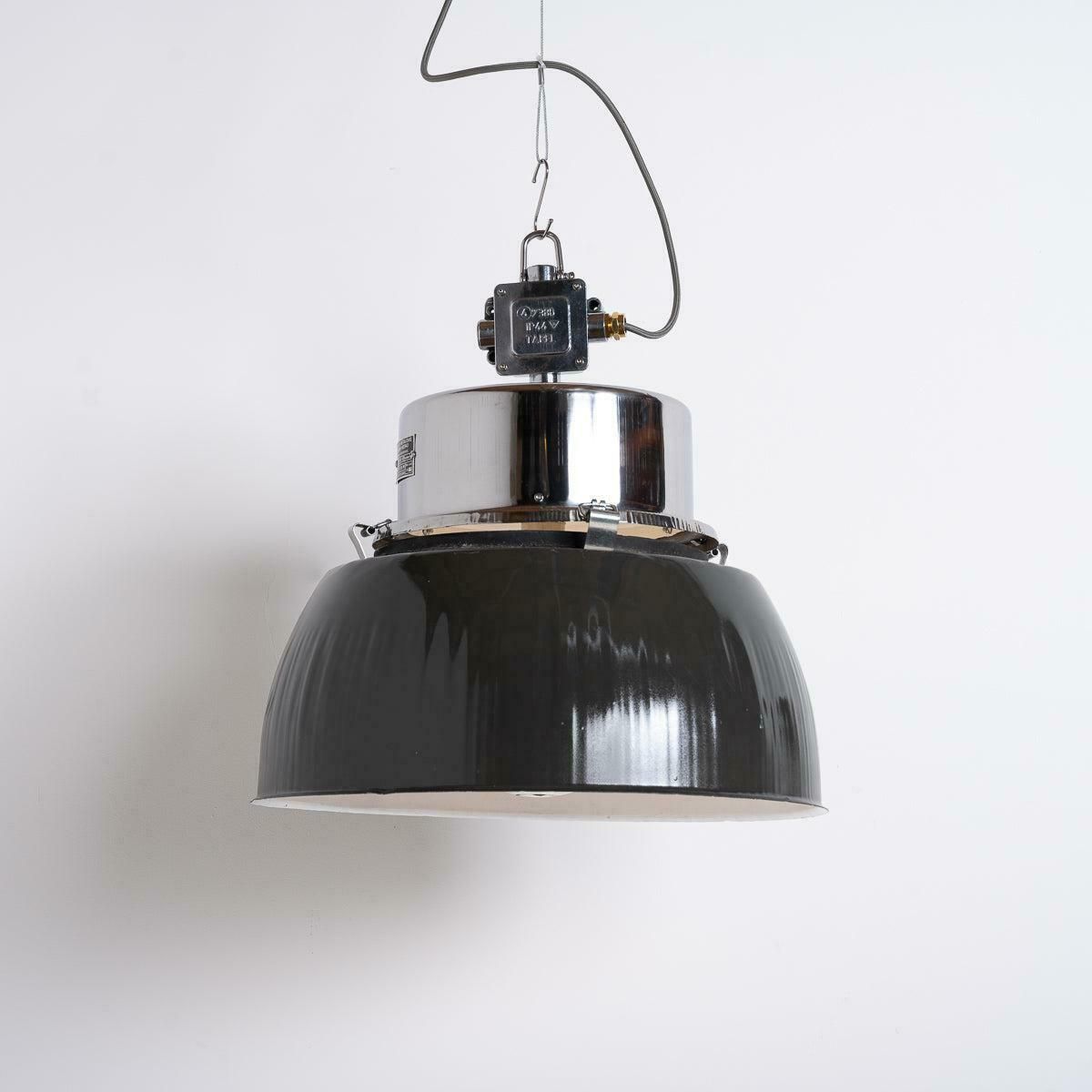 Xl Polish Factory Lights With Prismatic Glass   Graphite Grey / Polished Steel photo for sale