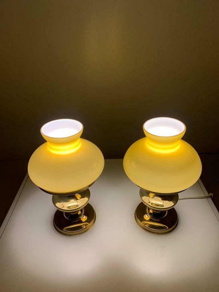 Art Deco Brass And Opaline Table Lamps, Set Of Two, Italhy 1930s photo vintage
