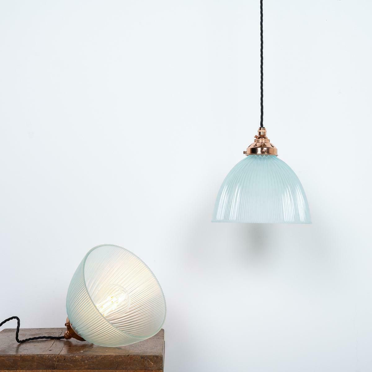 Antique Holophane E100 Blue Frosted Prismatic Glass & Copper Pendant Lights photo Lighting