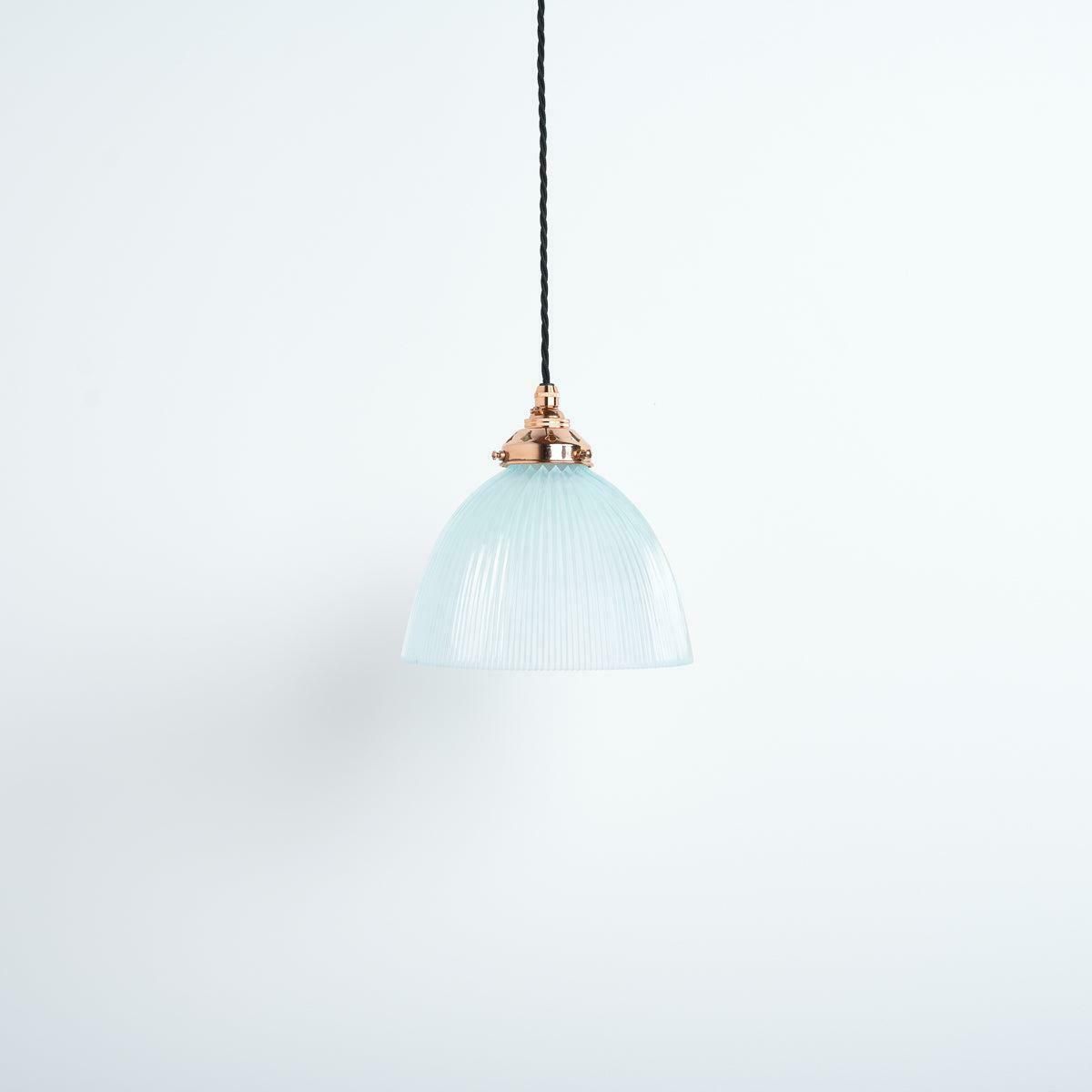Antique Holophane E100 Blue Frosted Prismatic Glass & Copper Pendant Lights photo vinterior