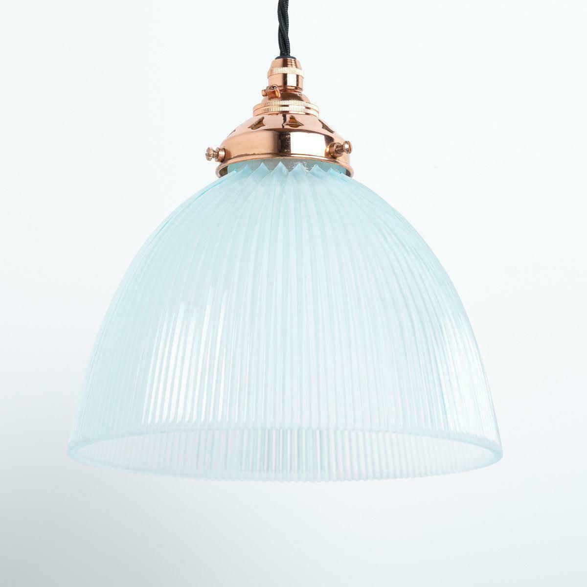 photo for sale Antique Holophane E100 Blue Frosted Prismatic Glass & Copper Pendant Lights