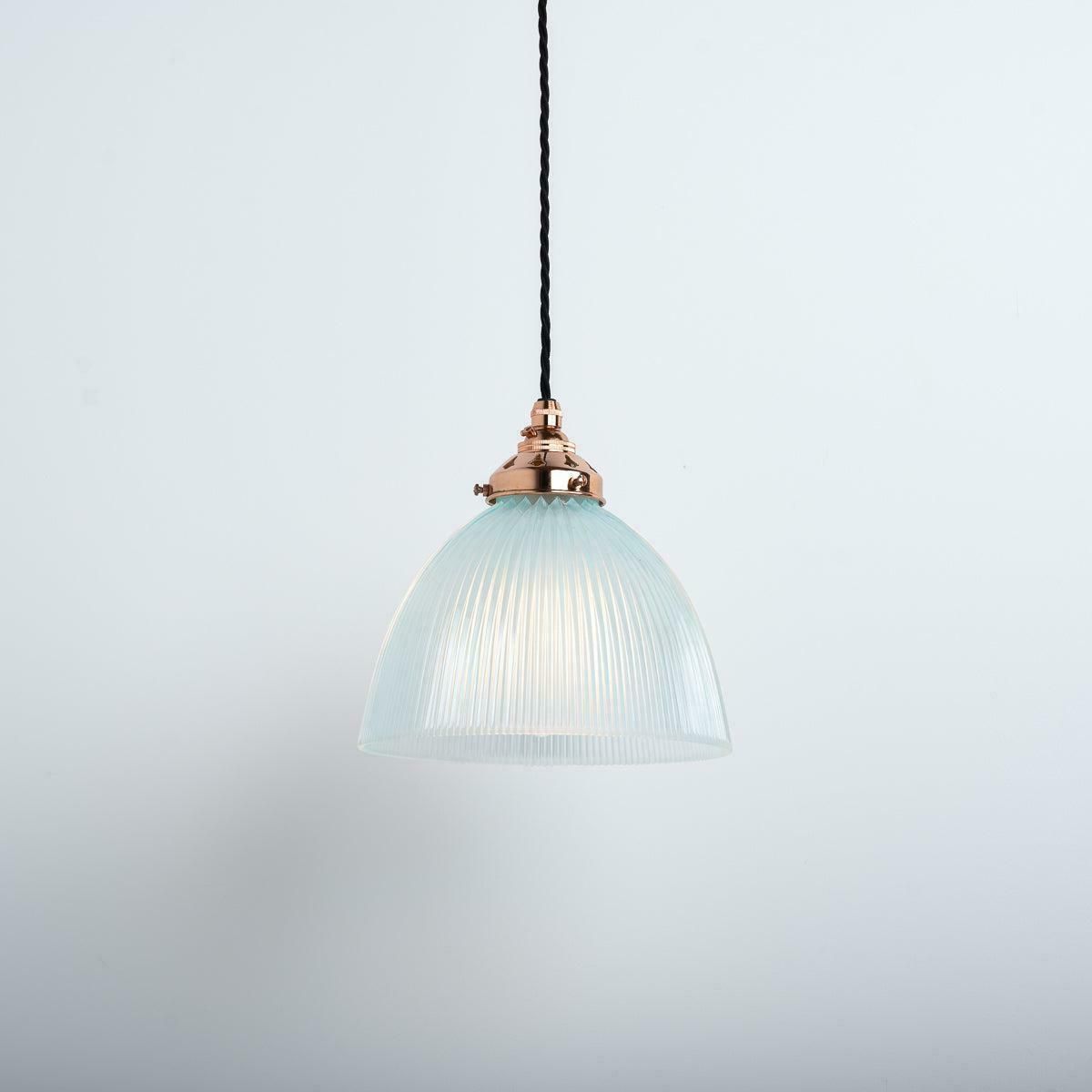 photo vinterior Antique Holophane E100 Blue Frosted Prismatic Glass & Copper Pendant Lights