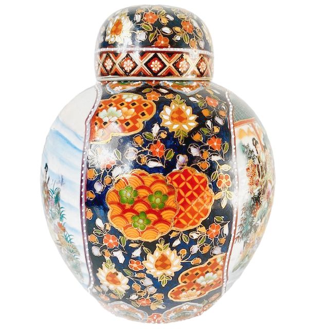 Vintage Xl Chinese Ginger Jar Geisha's Flowers Blue Gold photo for sale