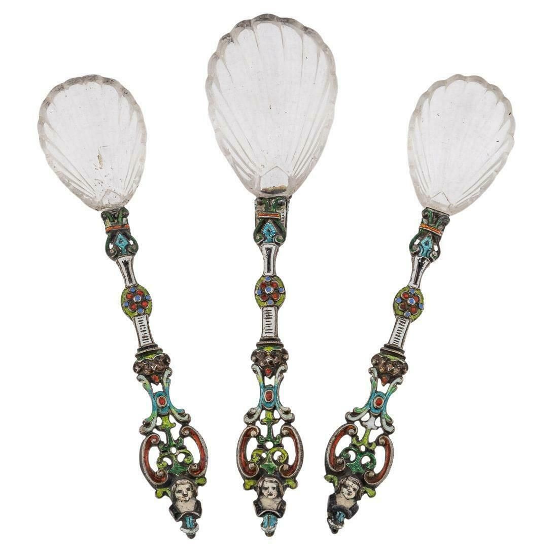 Antique 19th Century Austrian Silver, Enamel & Rock Crystal Spoons C.1880