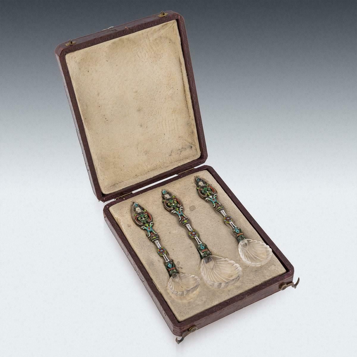 photo for sale Antique 19th Century Austrian Silver, Enamel & Rock Crystal Spoons C.1880