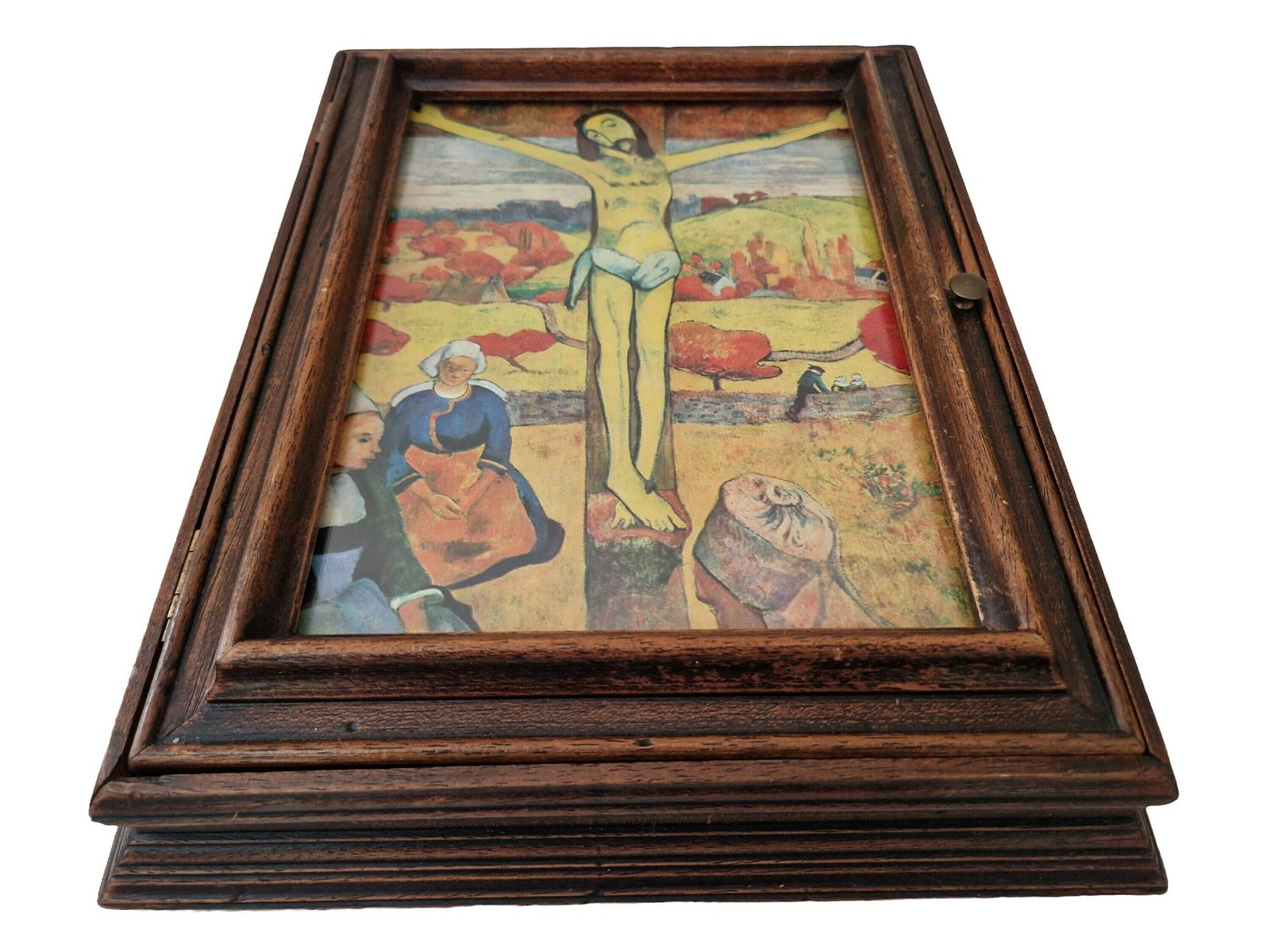 Franse Houten Sleutelkastje Met Kunstprint Van Paul Gauguin, The Yellow Christ, Wandhaken Voor Hal En Keuken photo for sale