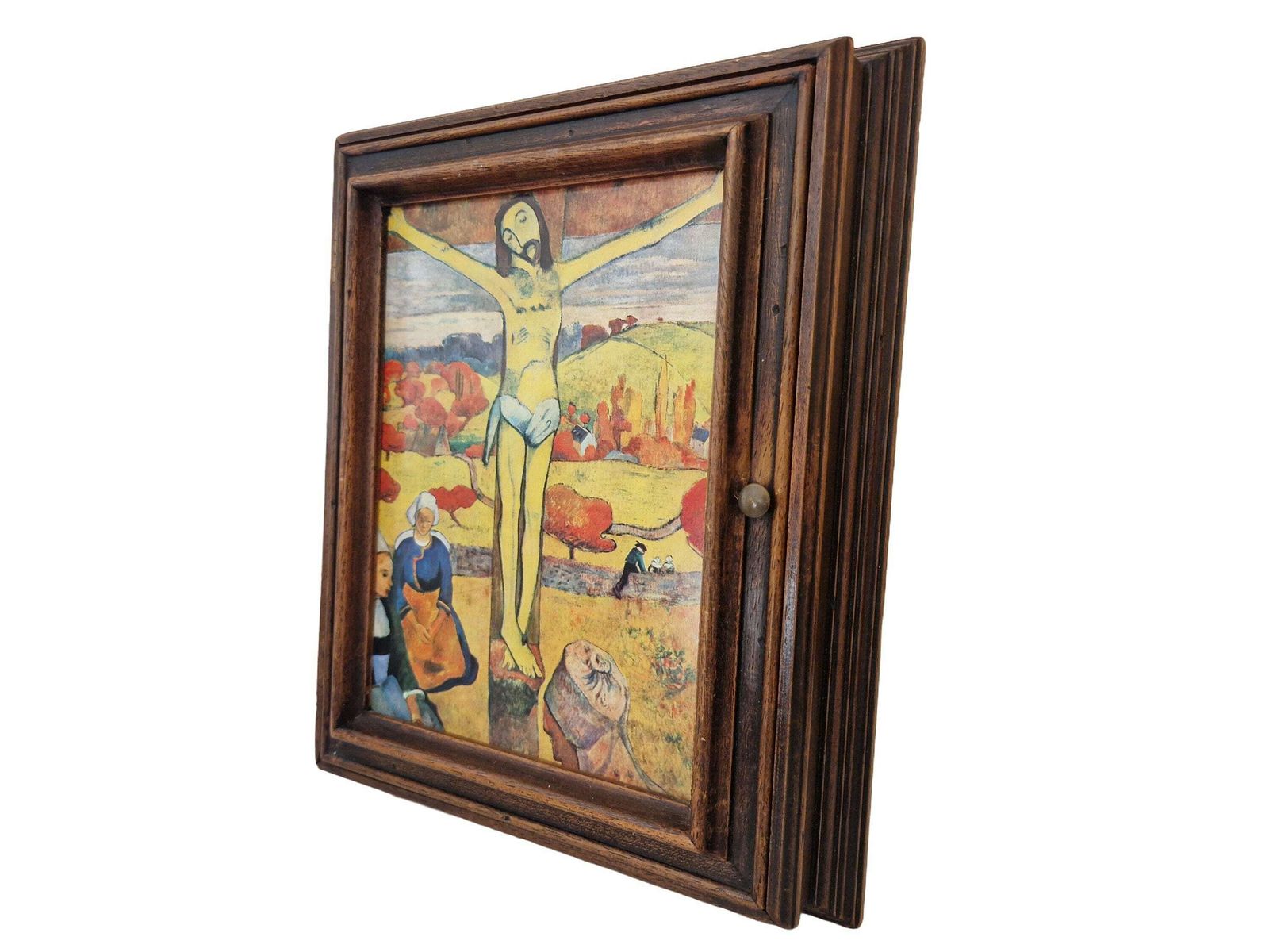 Franse houten sleutelkastje met kunstprint van Paul Gauguin, The Yellow Christ, wandhaken voor hal en keuken photo Meubels