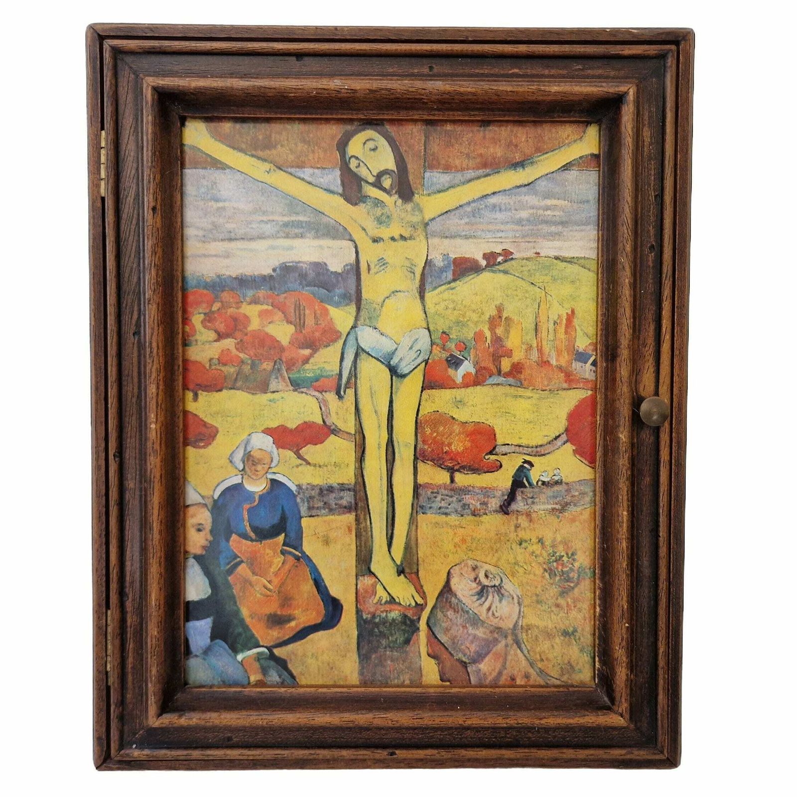 Franse houten sleutelkastje met kunstprint van Paul Gauguin, The Yellow Christ, wandhaken voor hal en keuken photo buy