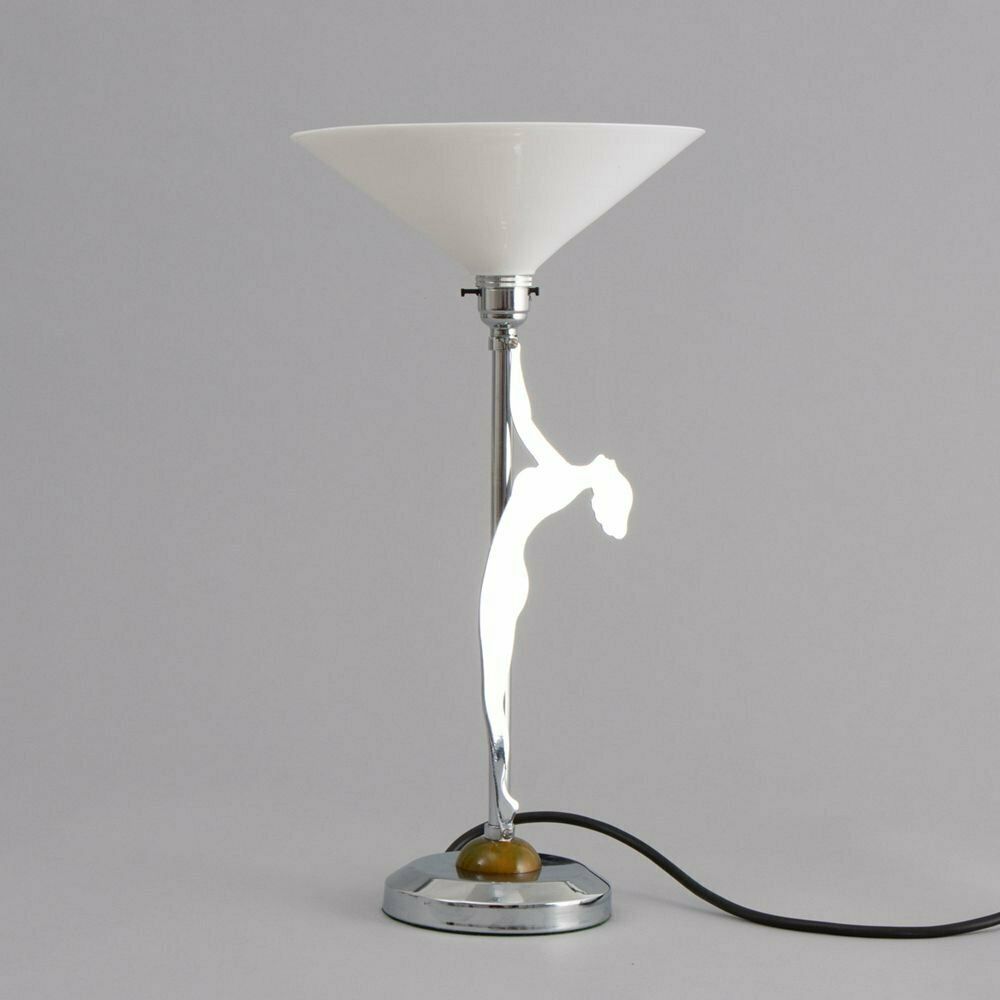 Art Deco Chrome Table Lamp With A Nude Silhouette On Green Phenolic Mound, British C.1930