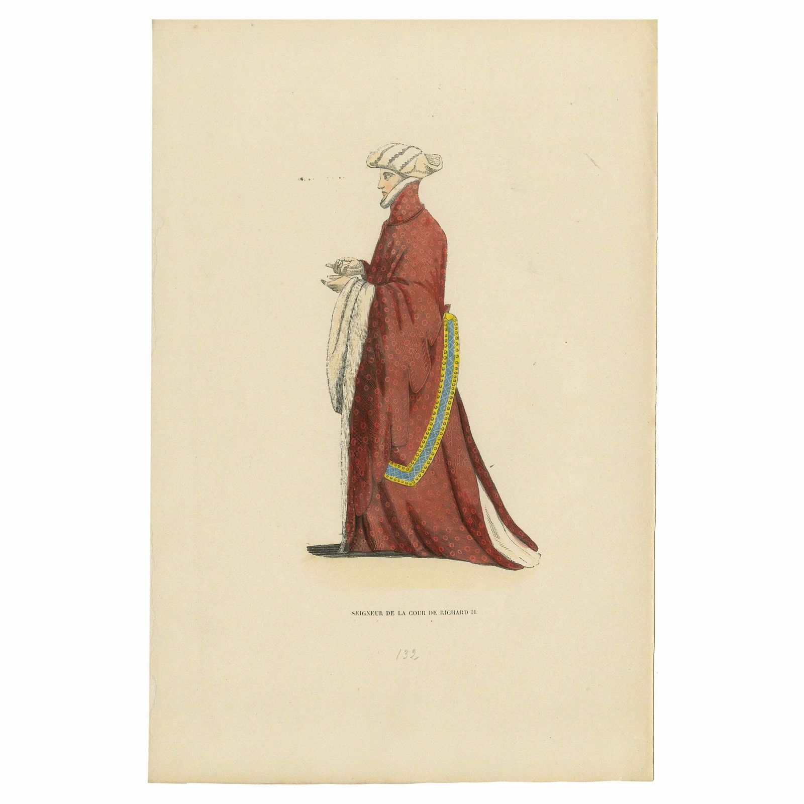 Aristocratic Elegance: A Lord Of Richard II's Court, Original Old Print Of 1847