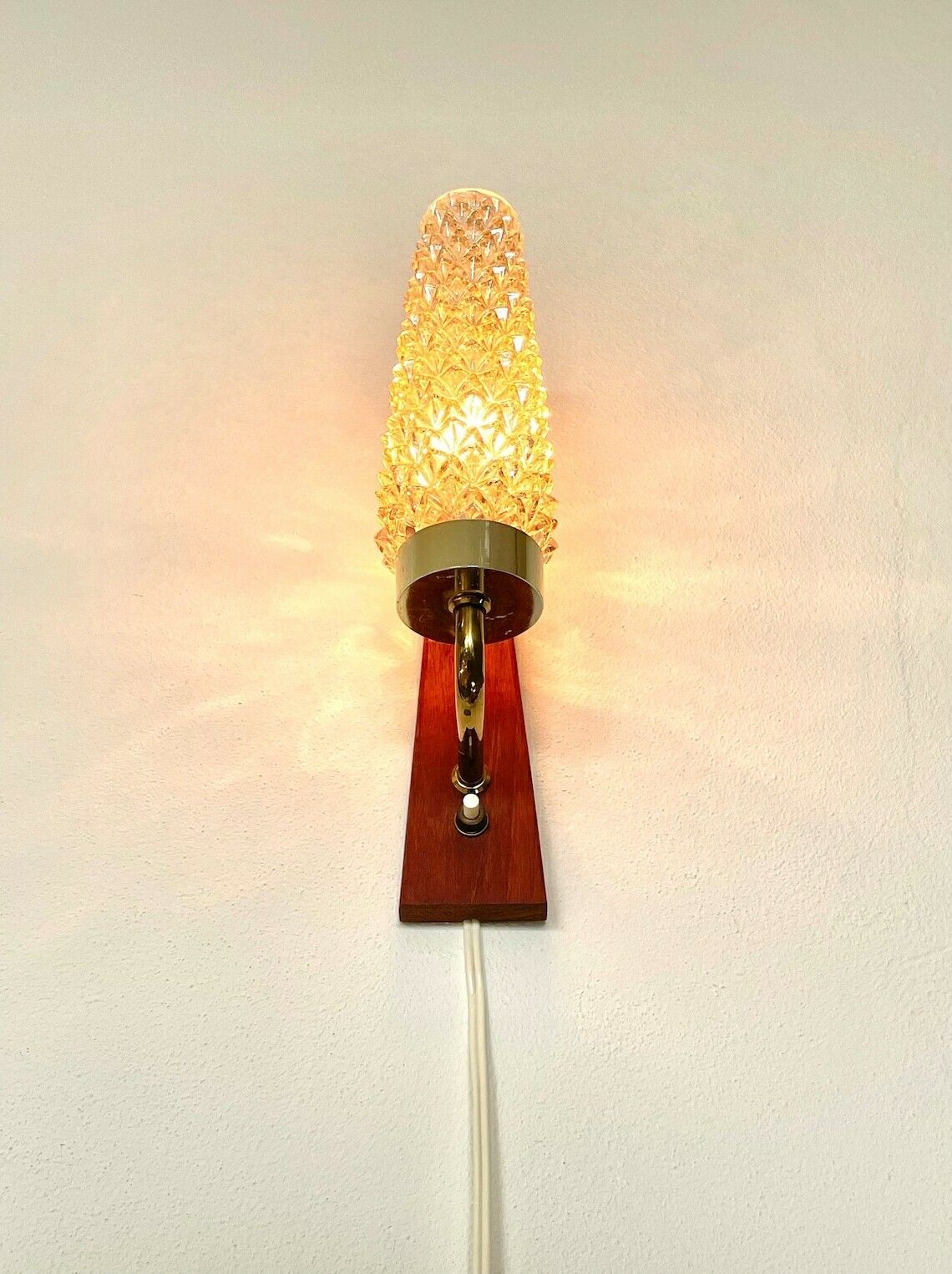 Single Danish Mid Century Teak Wooden Wall Lamp With Heavy Amber Glass Shade In Spike Pattern photo Lighting