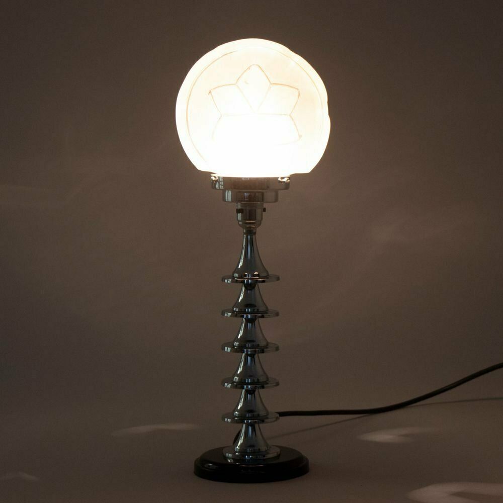 Pair Of Modernist Art Deco Table Lamps With Frosted Glass Star Shades, British C.1930 photo for sale