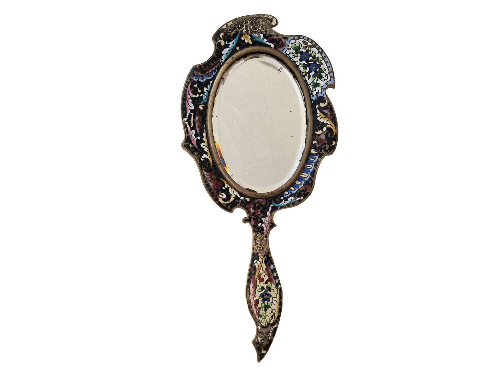 Champleve Hand Mirror With Beveled Glass, Antique French Brass And Enamel Cloisonné Looking Glass