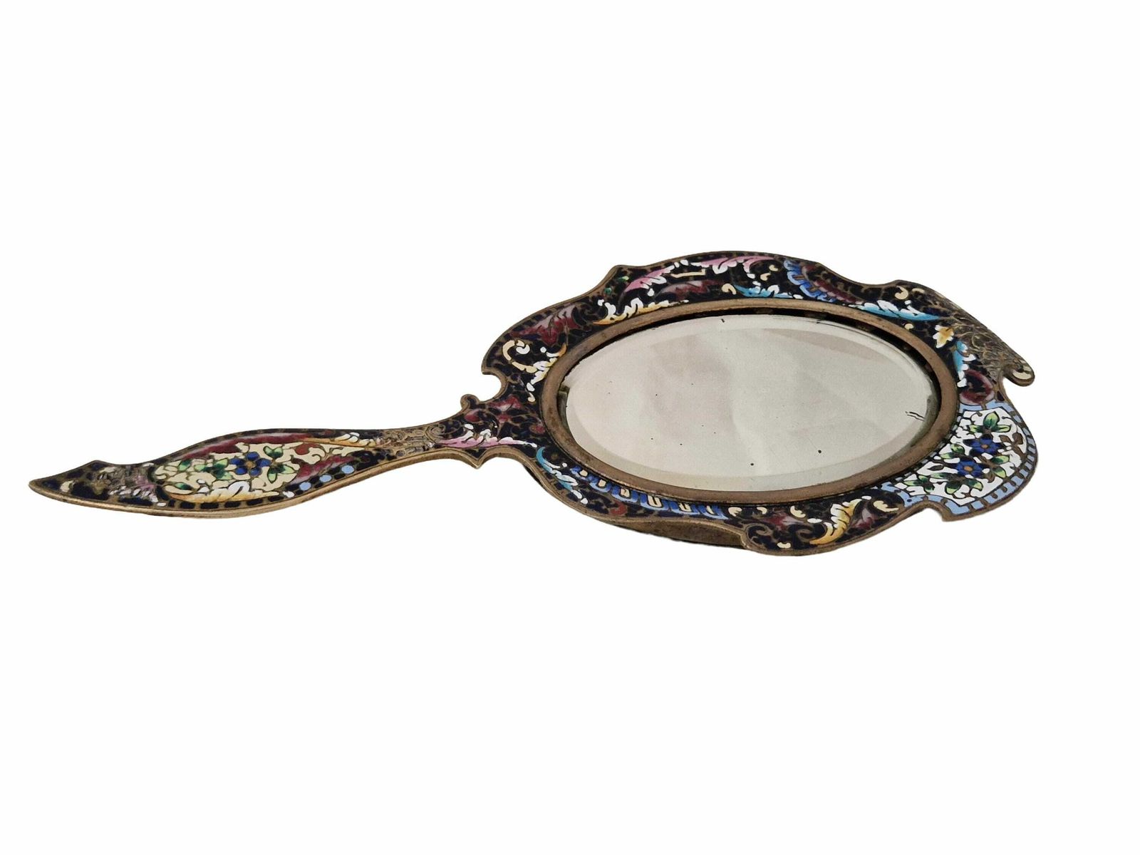 Champleve Hand Mirror With Beveled Glass, Antique French Brass And Enamel Cloisonné Looking Glass photo for sale