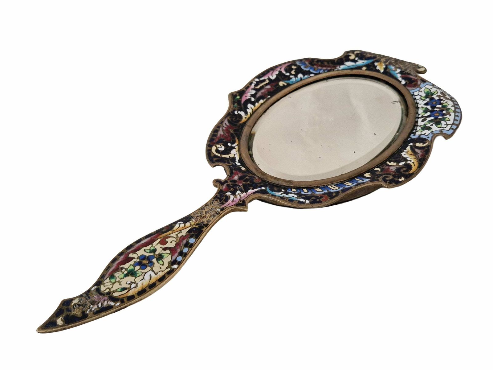 Champleve Hand Mirror With Beveled Glass, Antique French Brass And Enamel Cloisonné Looking Glass photo Home Decor
