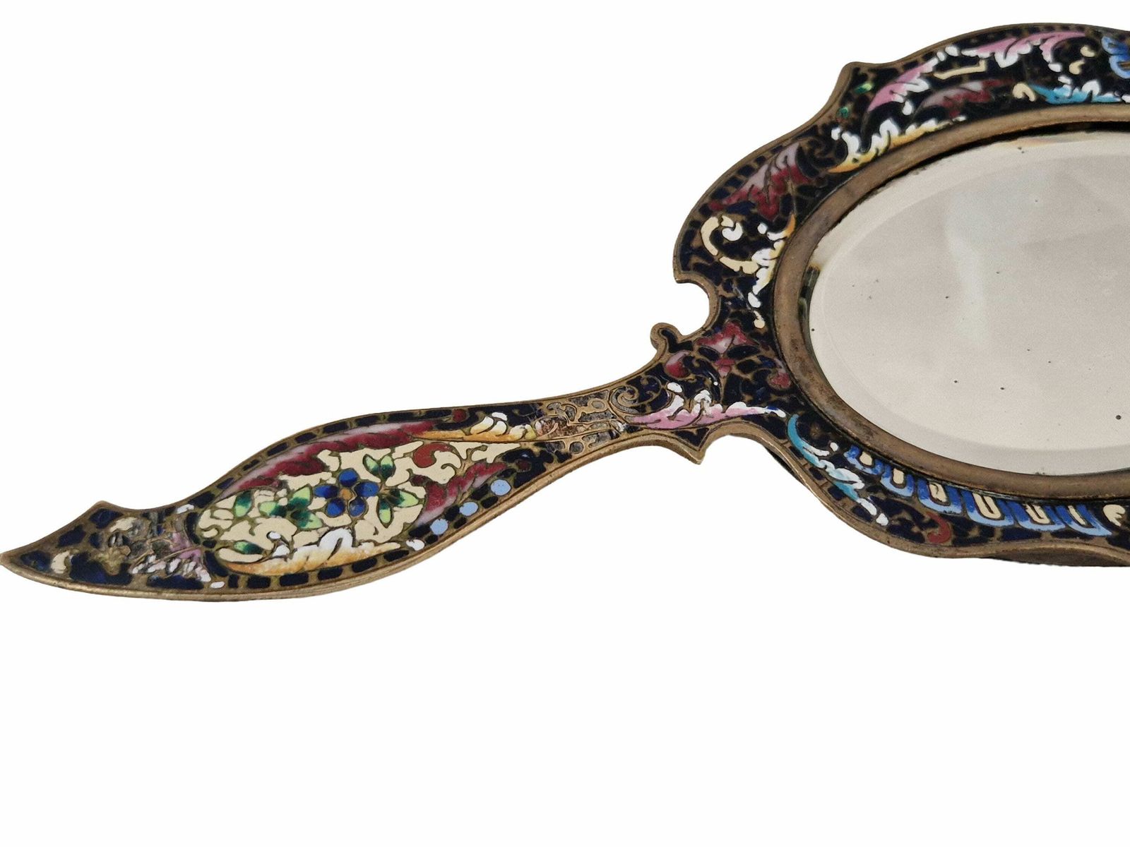 Champleve Hand Mirror With Beveled Glass, Antique French Brass And Enamel Cloisonné Looking Glass photo 154.0