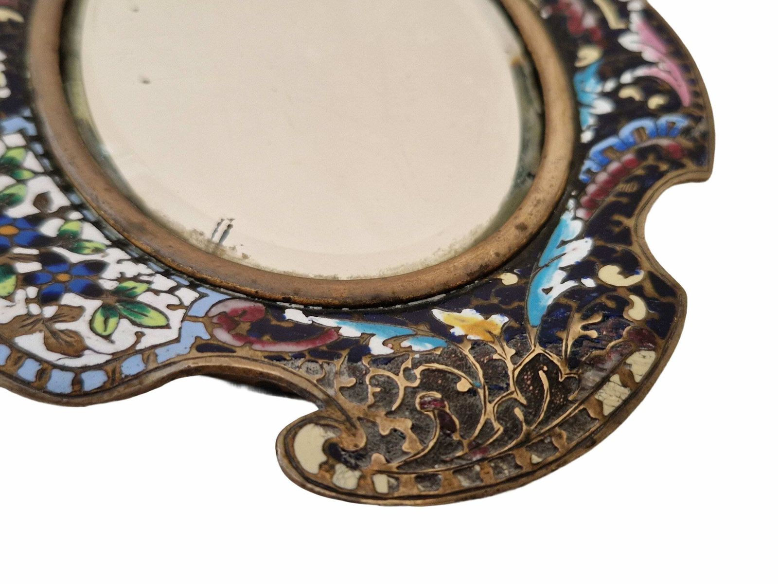photo furniture Champleve Hand Mirror With Beveled Glass, Antique French Brass And Enamel Cloisonné Looking Glass