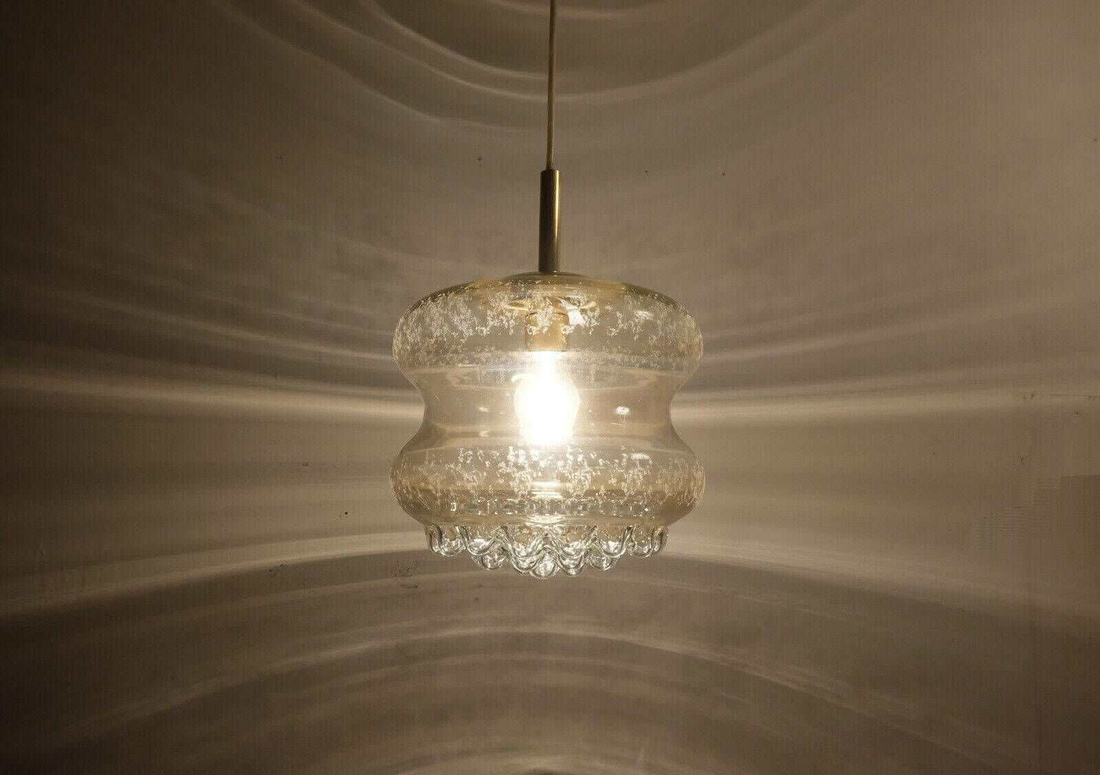 Mid Century Pendant Light In Bubble Amber Glass And Brass 1960s photo vinterior