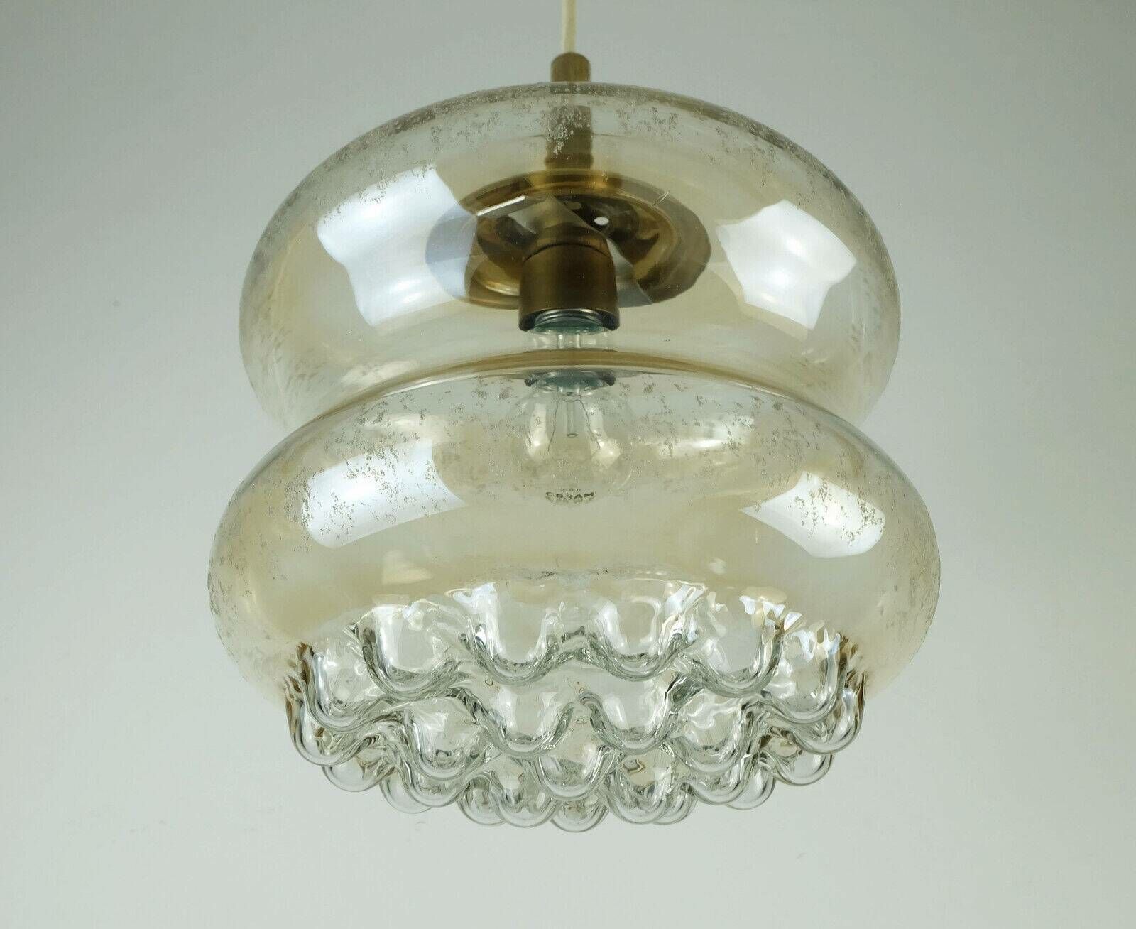 273.4035 Mid Century Pendant Light In Bubble Amber Glass And Brass 1960s photo