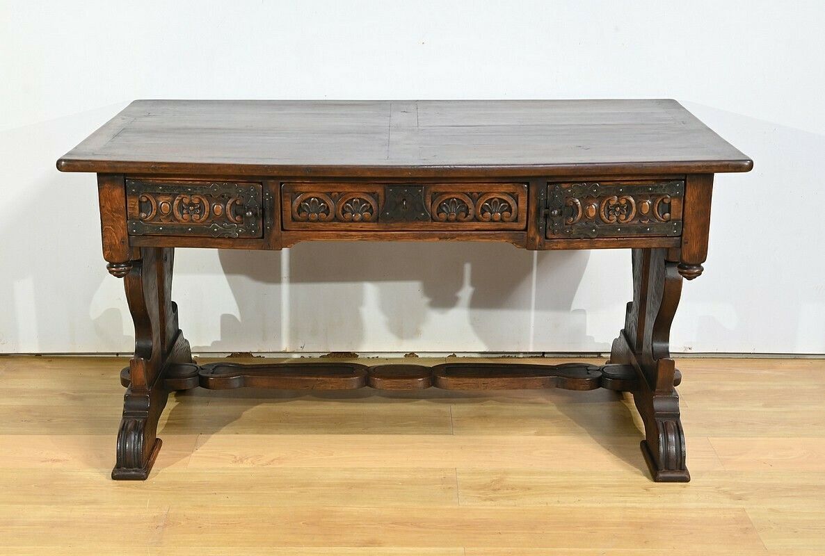 Oak Desk Table, Neo Gothic Style – Early 20th Century