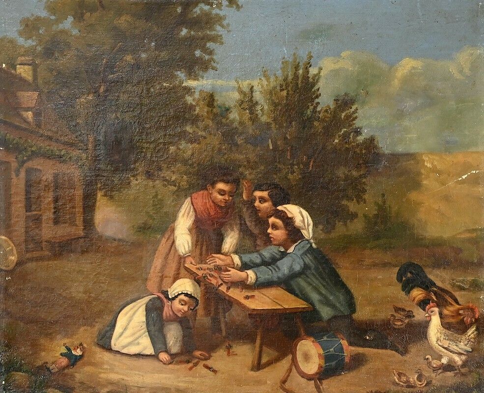 Oil On Canvas “Children’s Games”, 19th Century French School photo furniture