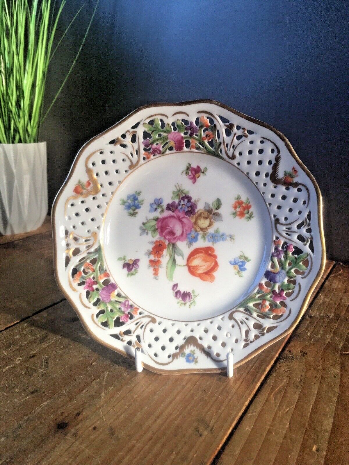 6 Antique German Schumann Porcelain Floral Sprays Basket Weave Cabinet Plates photo buy