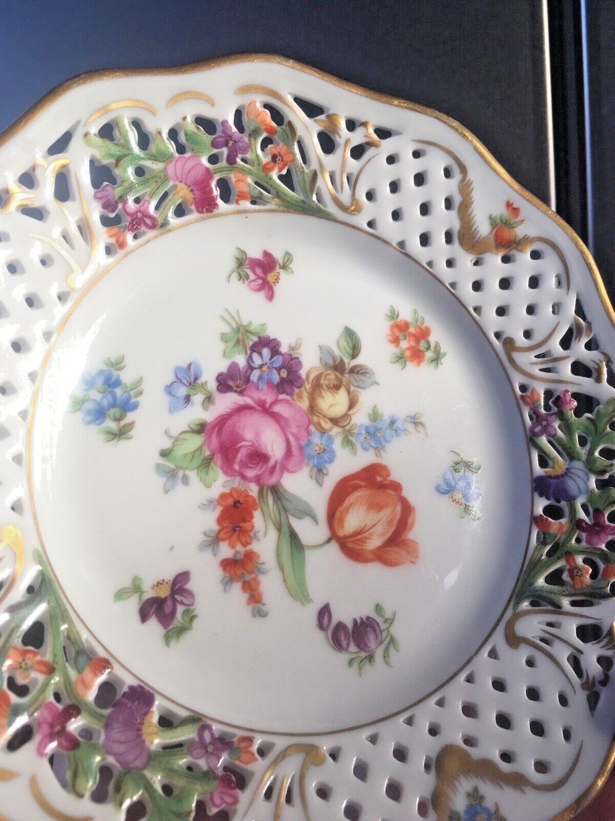 photo furniture 6 Antique German Schumann Porcelain Floral Sprays Basket Weave Cabinet Plates