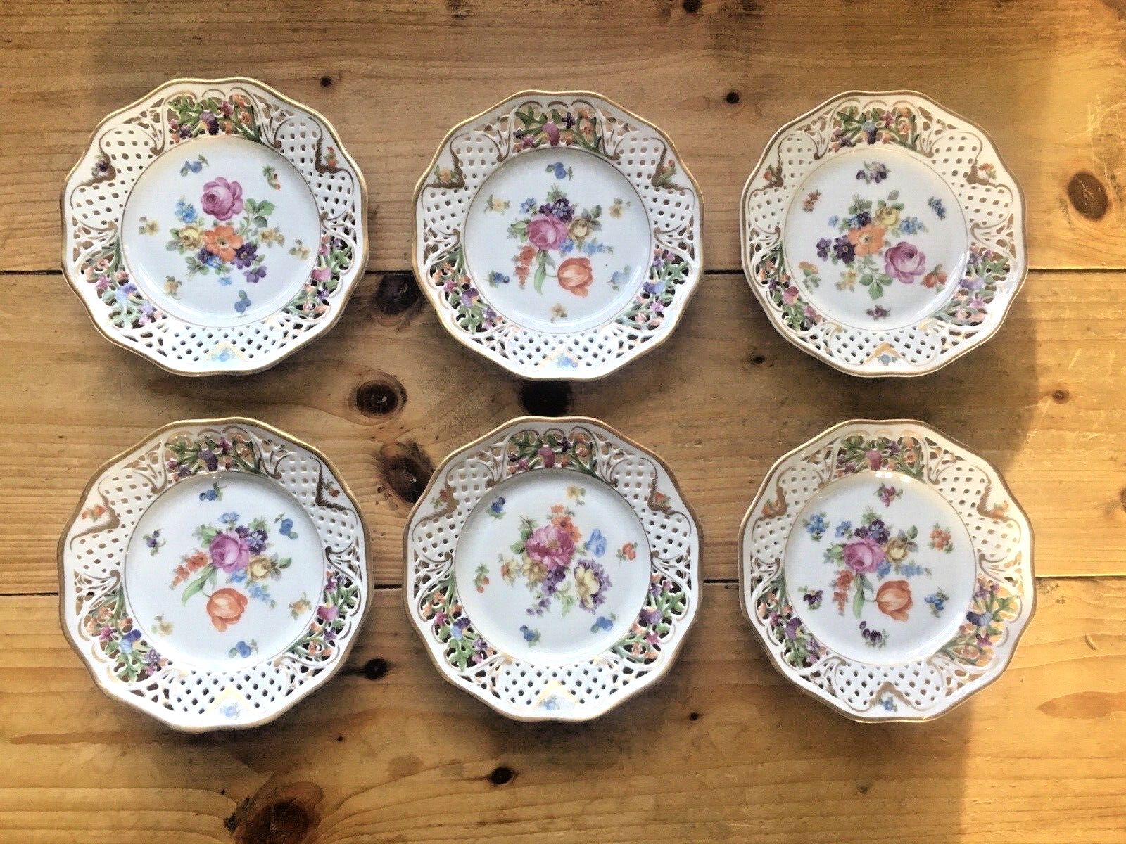 Home Decor 6 Antique German Schumann Porcelain Floral Sprays Basket Weave Cabinet Plates photo
