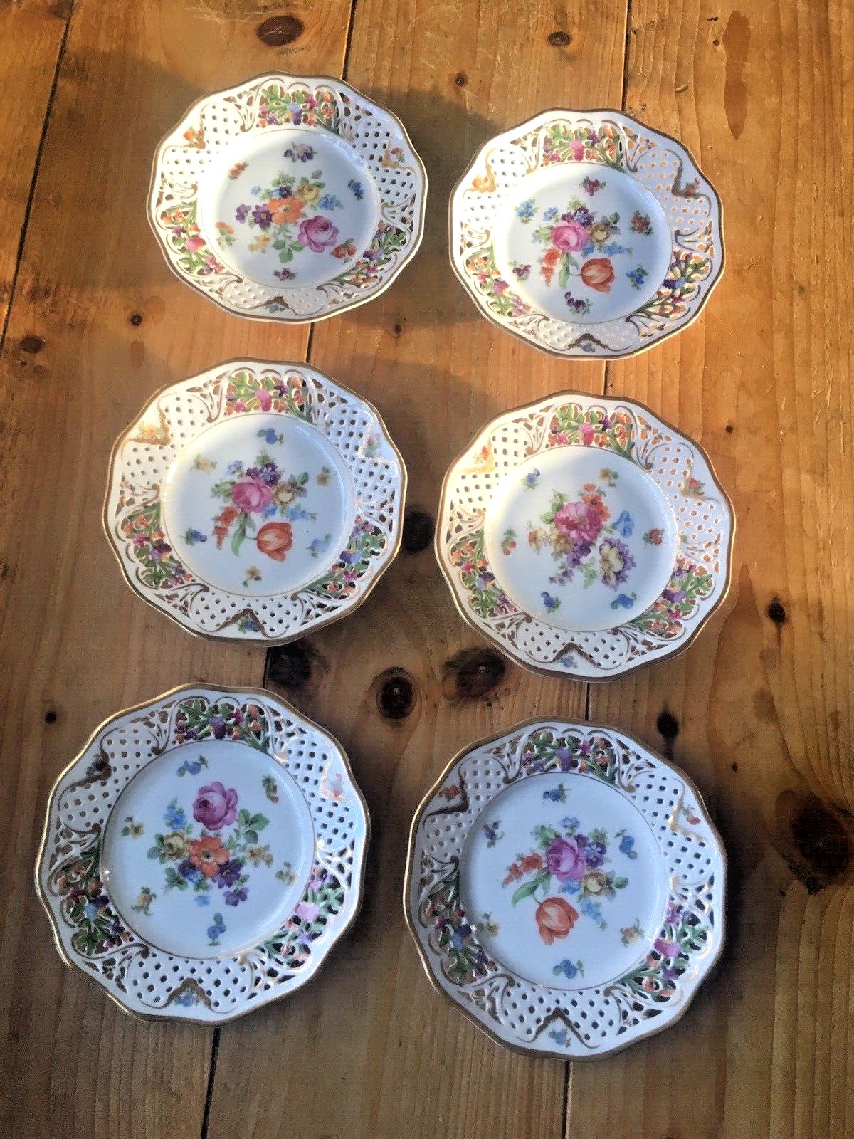 120.0 6 Antique German Schumann Porcelain Floral Sprays Basket Weave Cabinet Plates photo