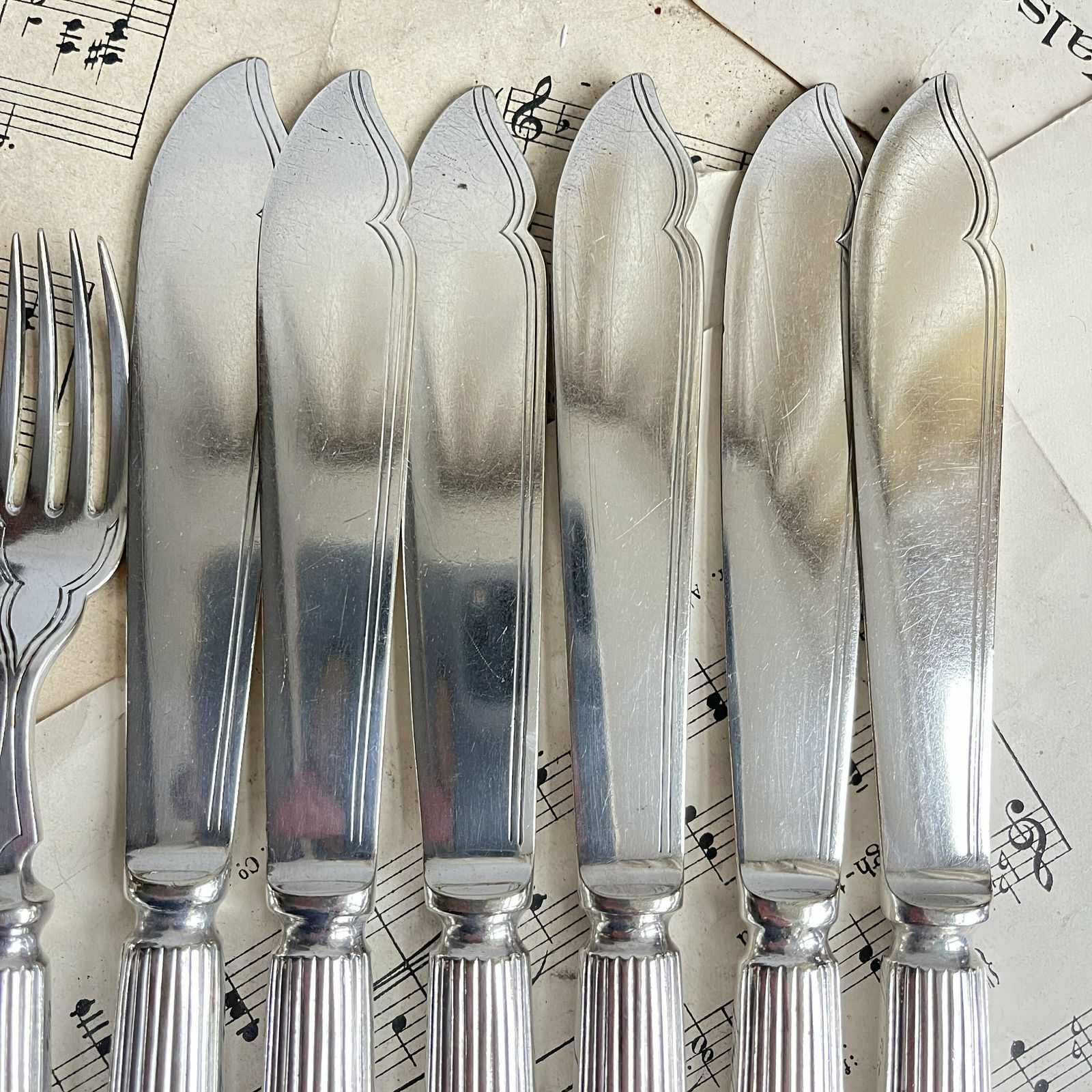 Vintage Fish Cutlery Silver Plated   Reed Pattern   Set Of 6 Flatware   Food Photography Props   Atkin Brothers Sheffield photo for sale
