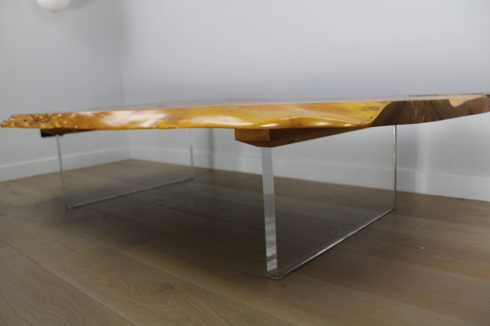 'Floating' Mid Century Italian Burr Elm Coffee Table On Lucite Blocks photo vintage