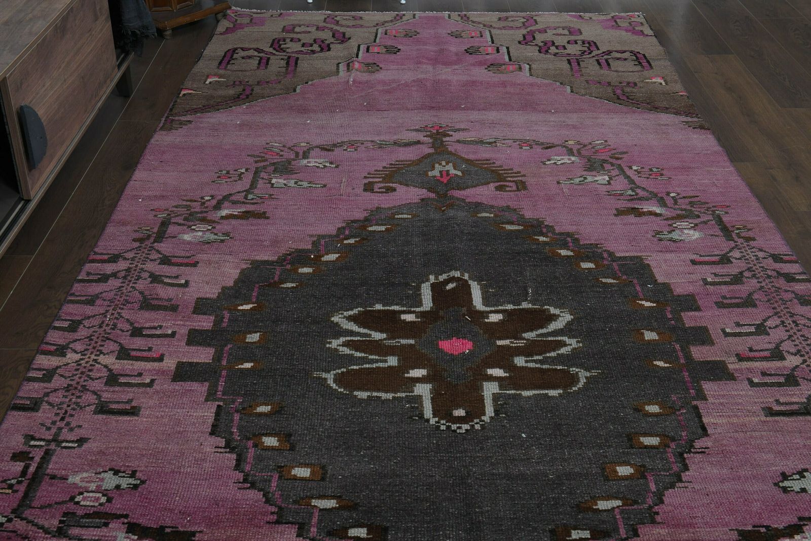 Purple Brown Runner, Turkish Runner Rug, Vintage Rug, Washable Rug, Hallway Runner, Wide Runner Rug, Tribal Runner, Star Rug photo for sale