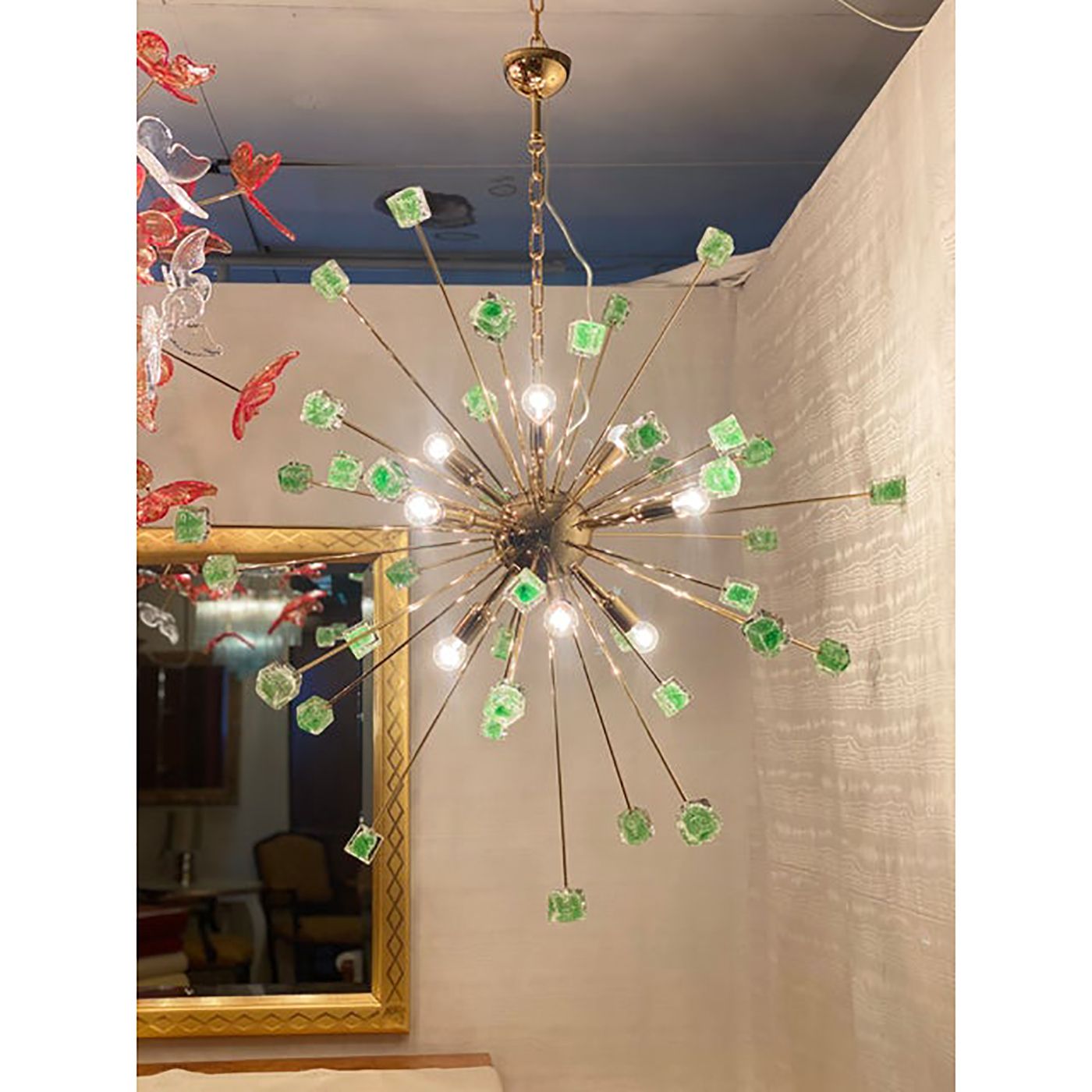 Green Cubes Murano Glass Gold Sputnik Chandelier photo 3800.0