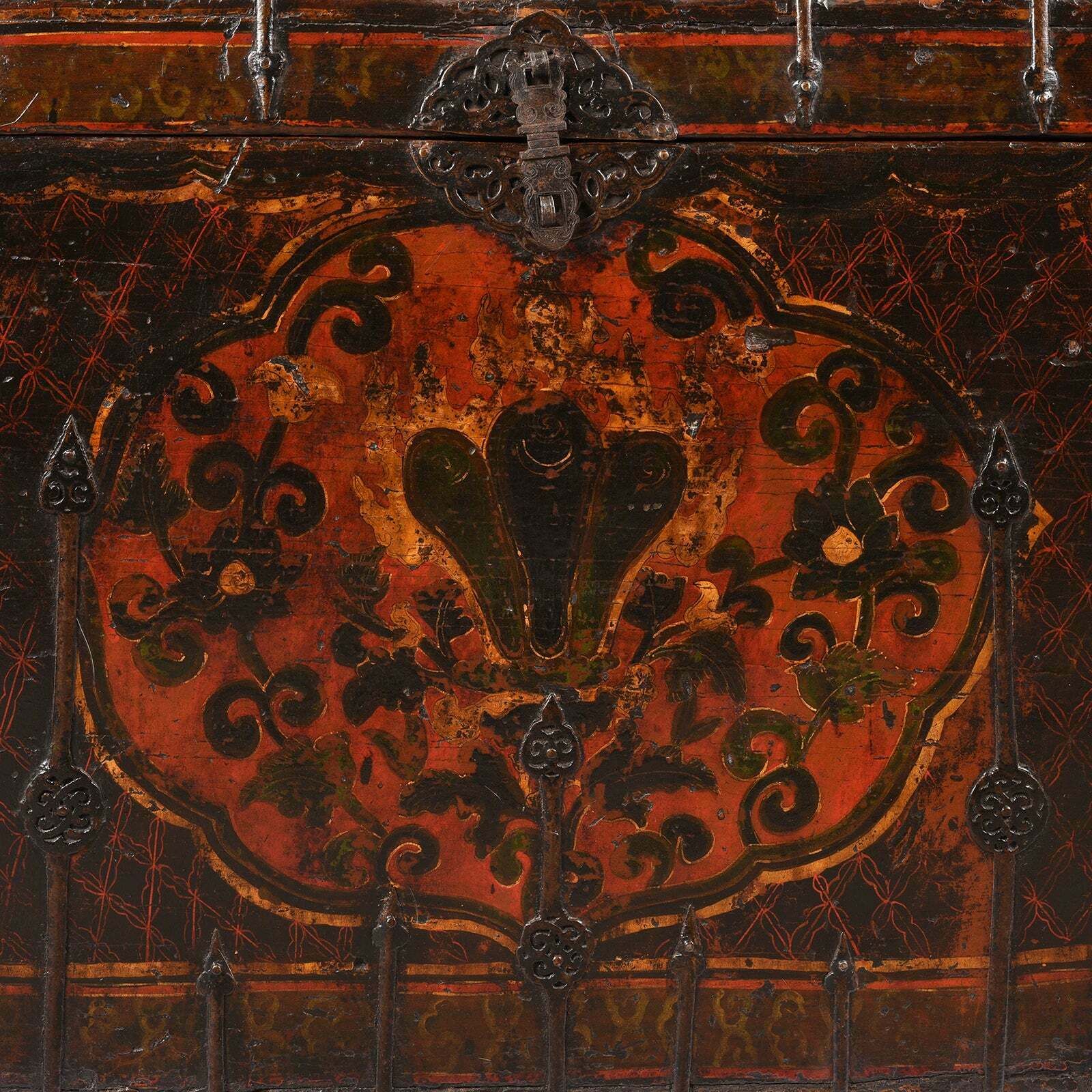 Antique Painted Tibetan Chest With Flaming Jewels, 18th Century photo furniture