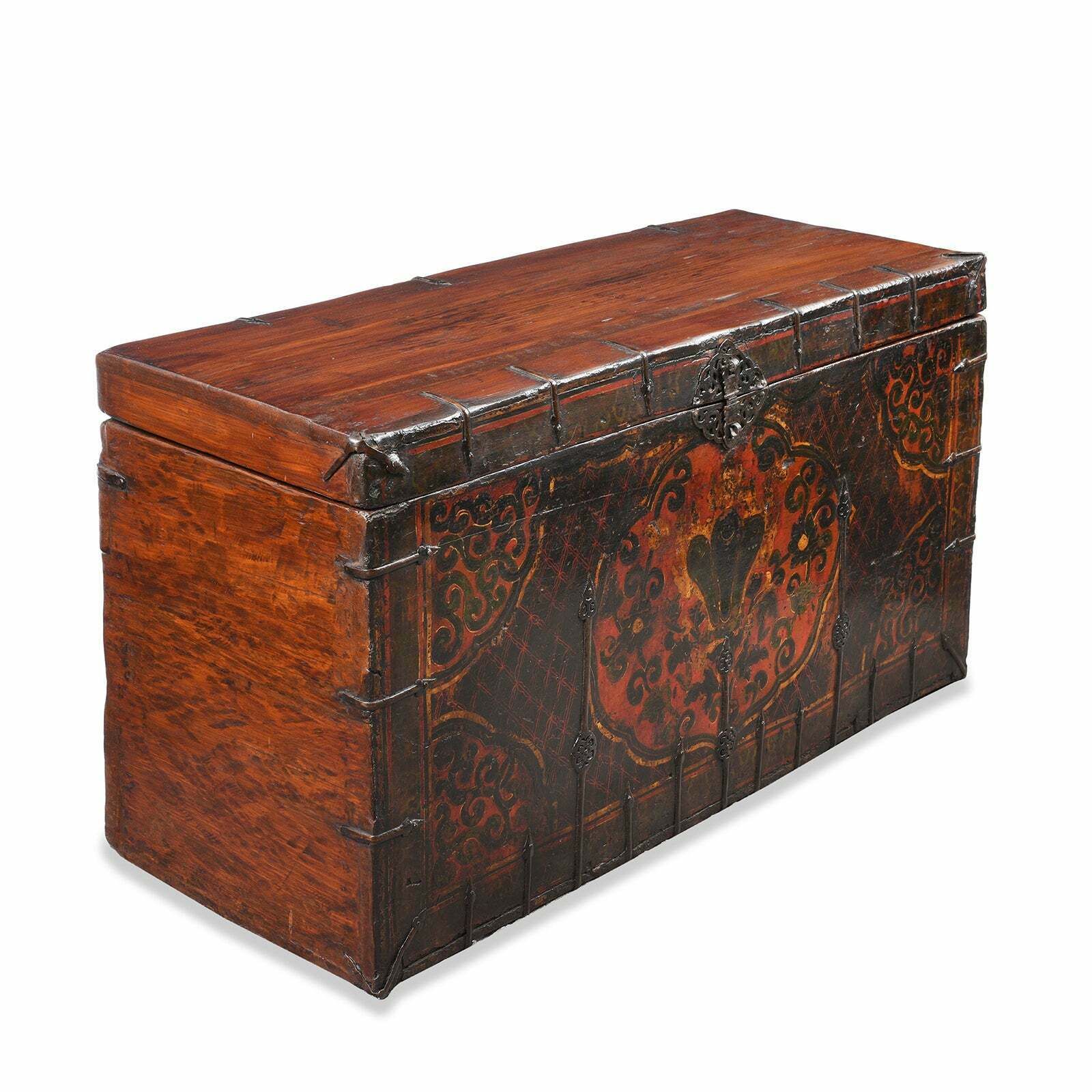 Antique Painted Tibetan Chest With Flaming Jewels, 18th Century photo for sale