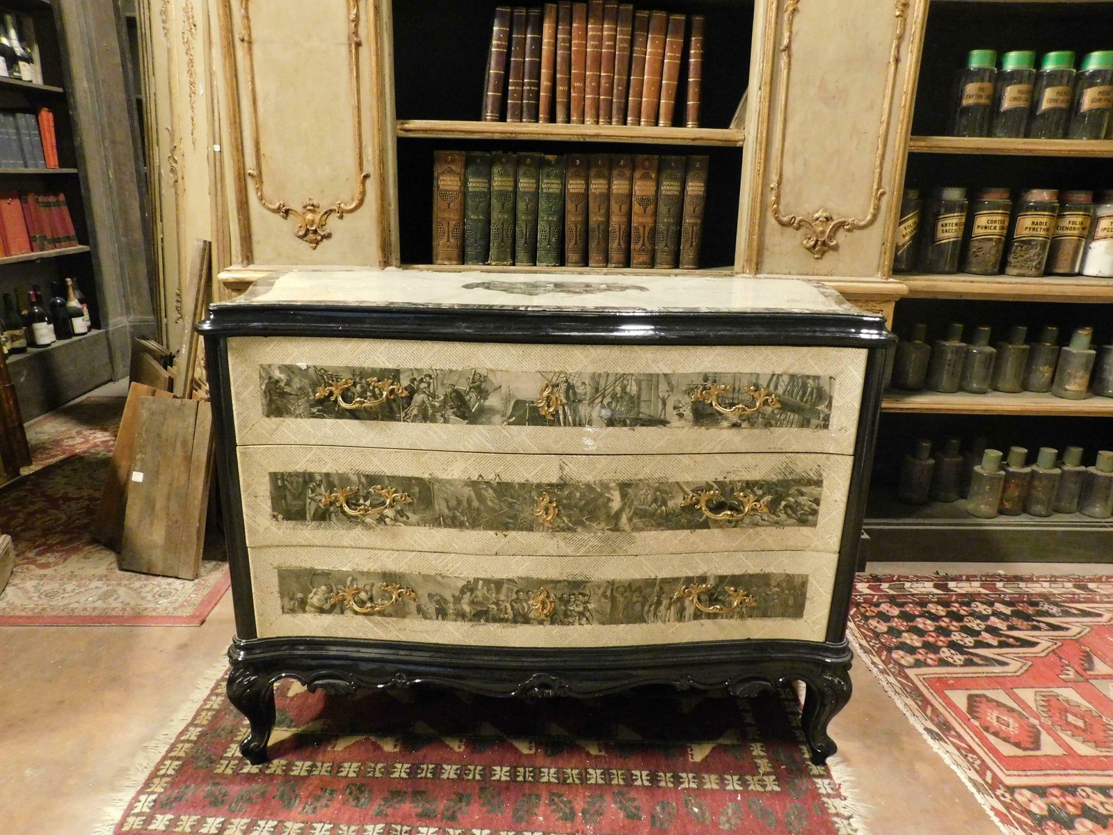 Vintage Black/White Wooden Dresser With Three Drawers, Covered In Paper, France photo vintage