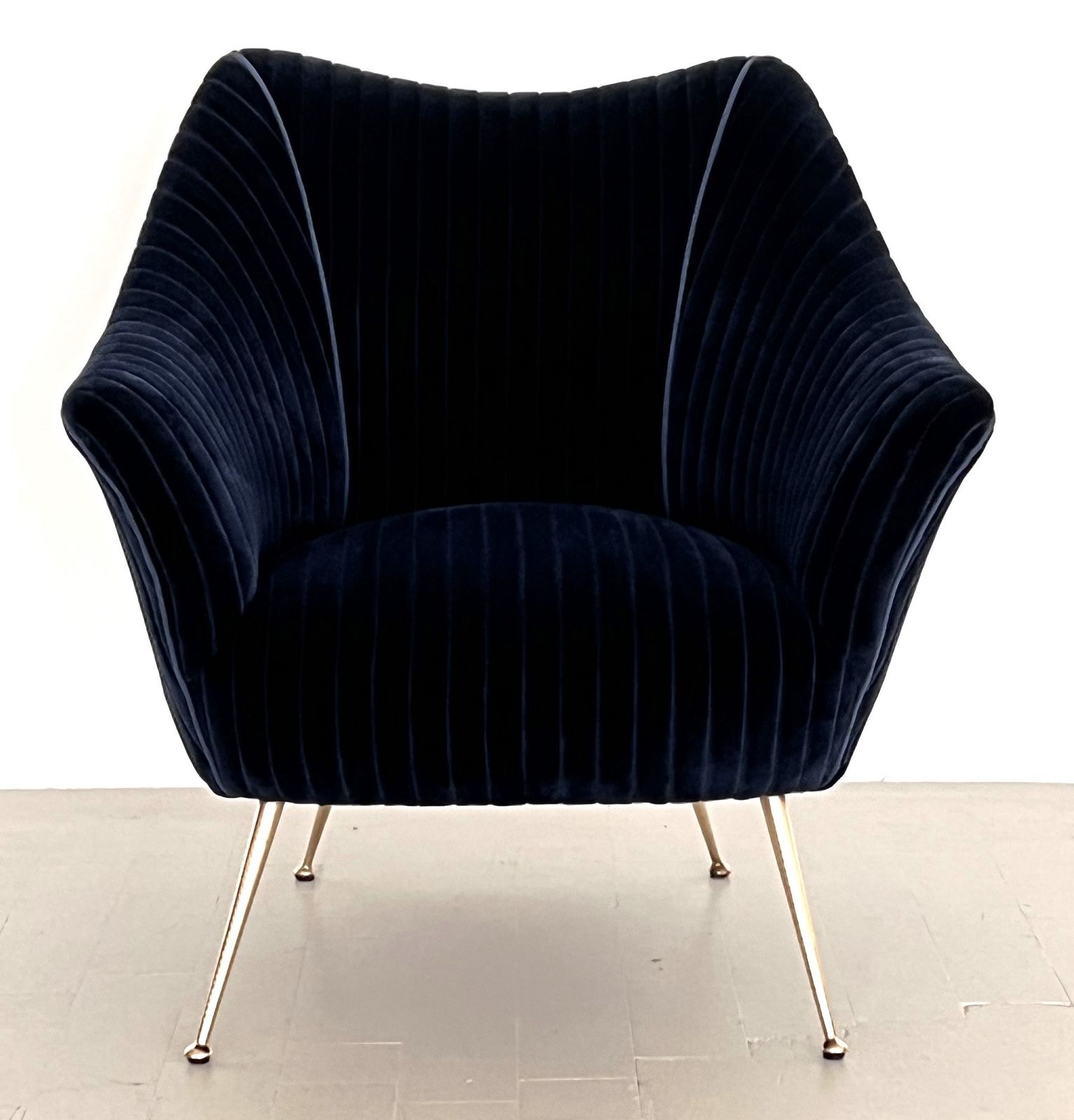 photo furniture Italian Mid Century Armchair With Brass Legs Reupholstered In Magnificent Blue Velvet