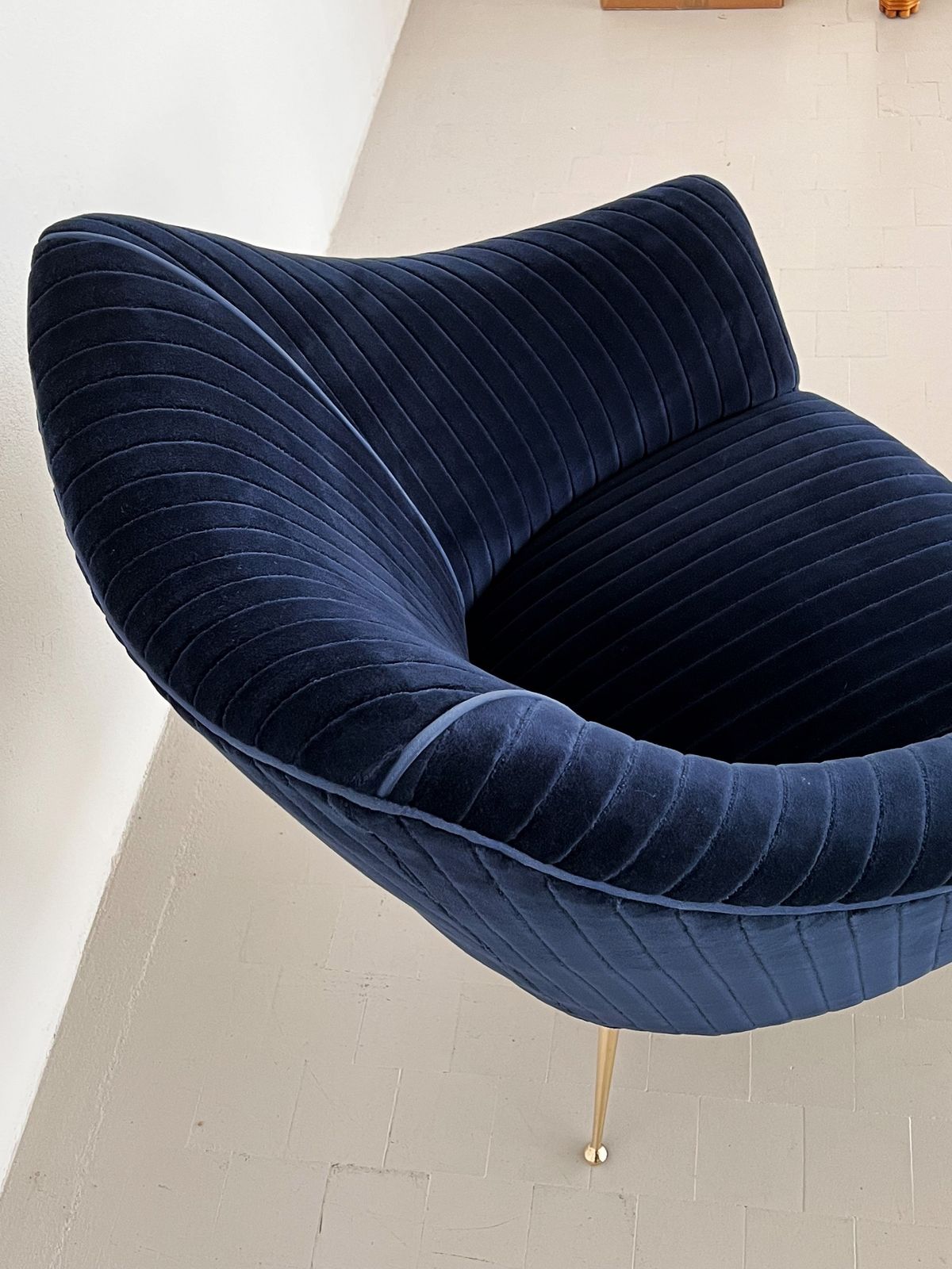 photo for sale Italian Mid Century Armchair With Brass Legs Reupholstered In Magnificent Blue Velvet