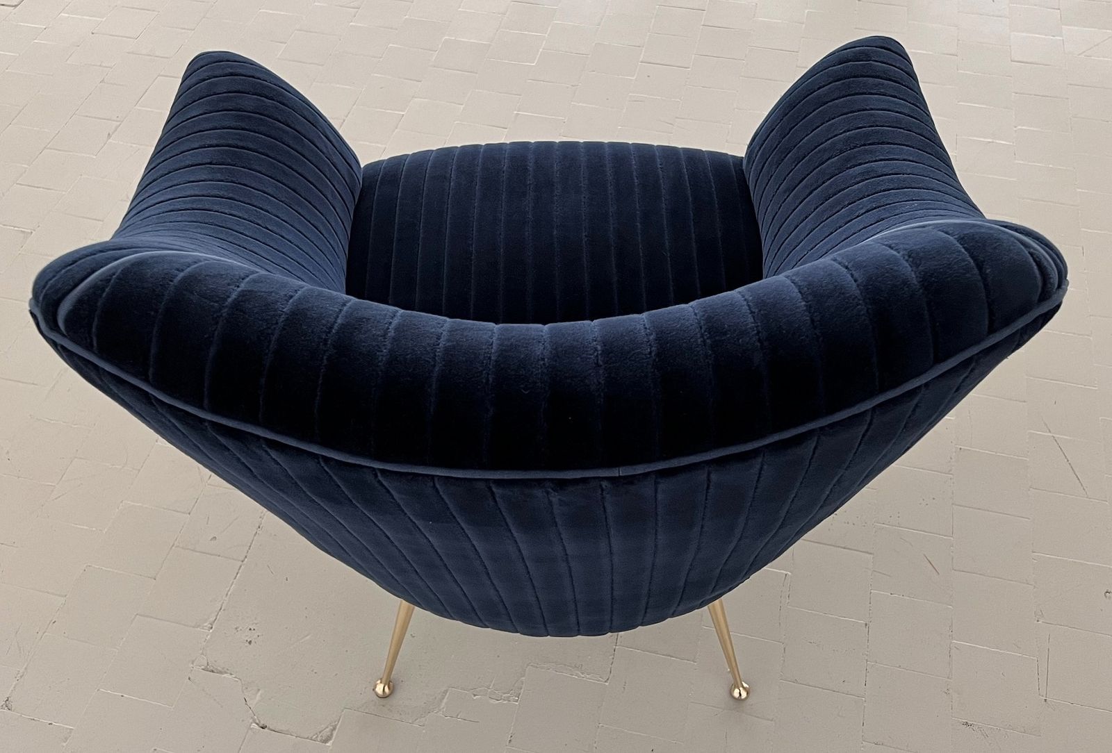 Furniture Italian Mid Century Armchair With Brass Legs Reupholstered In Magnificent Blue Velvet photo