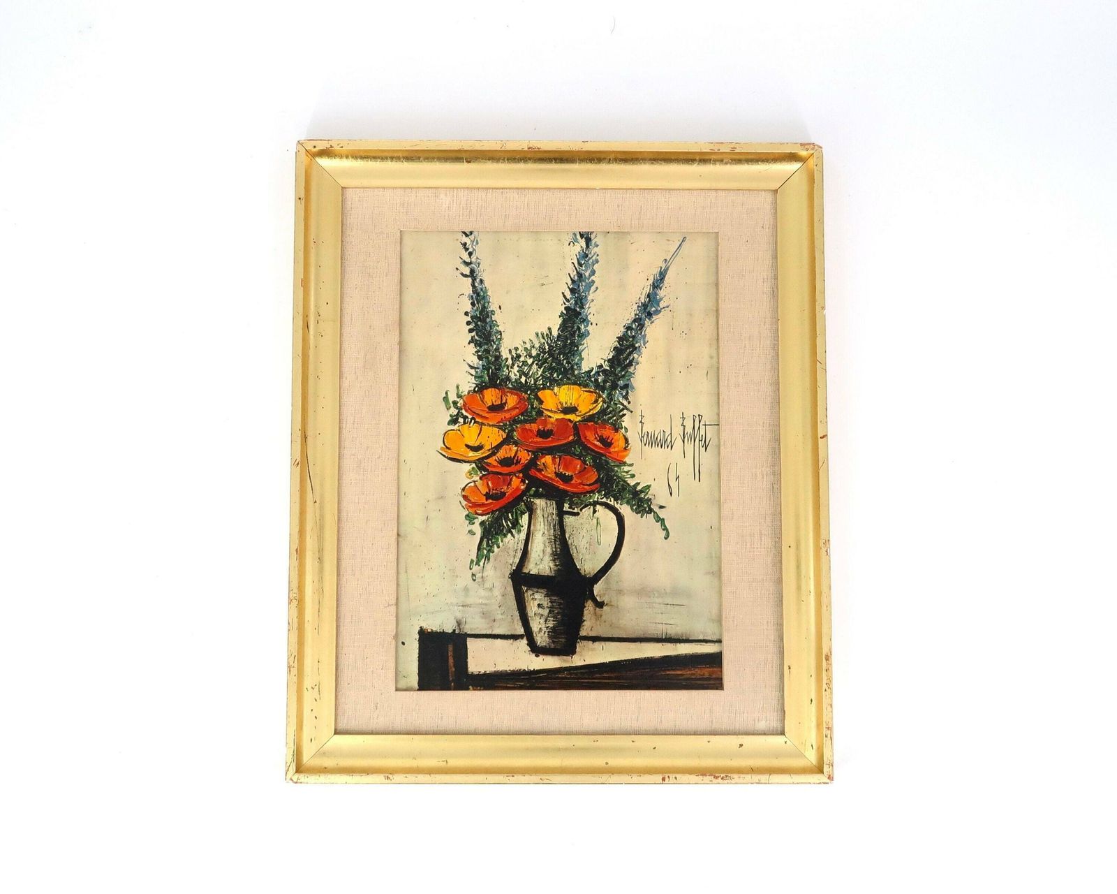 French Framed Vintage Print, Poppy Flowers By Bernard Buffet, 1970s / Bouquet Flower Boho Chic, Still Life Painting