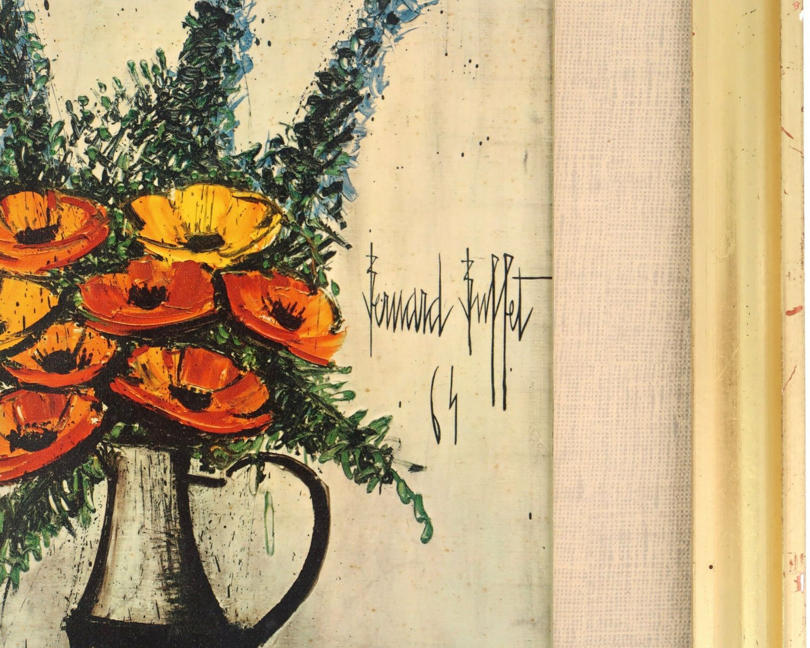 French Framed Vintage Print, Poppy Flowers By Bernard Buffet, 1970s / Bouquet Flower Boho Chic, Still Life Painting photo for sale